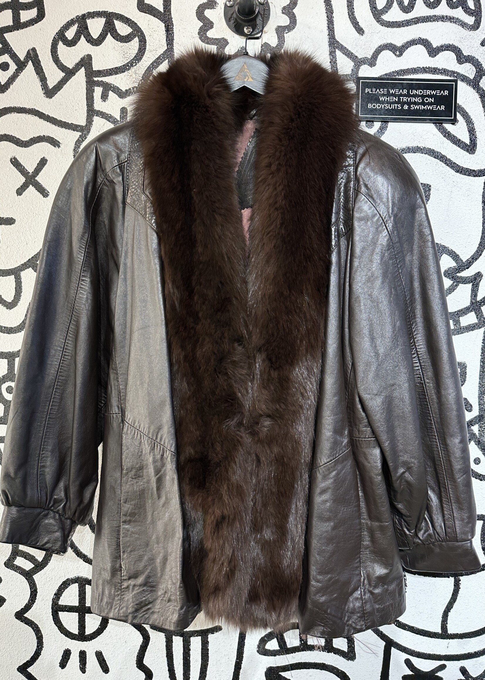 R Vintage Leather Genuine Fur Jacket Fem M