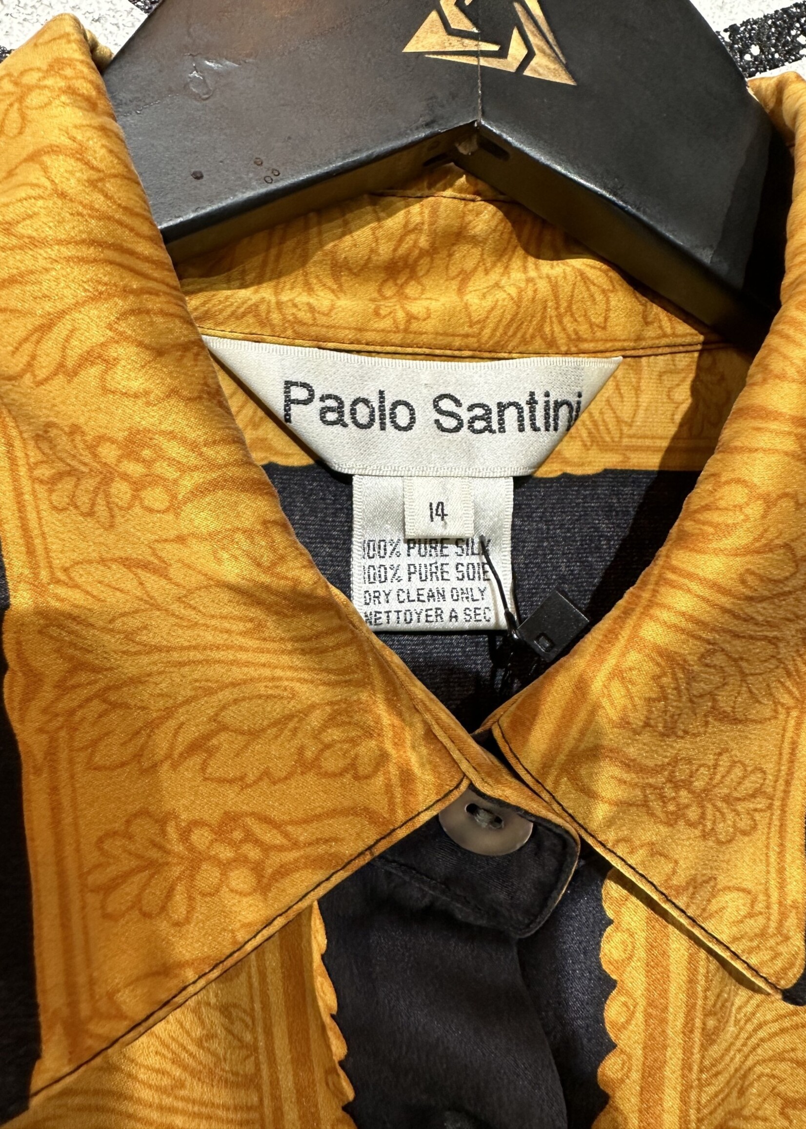 Paolo Santini Vintage Black Gold Silk Button Up Fem L