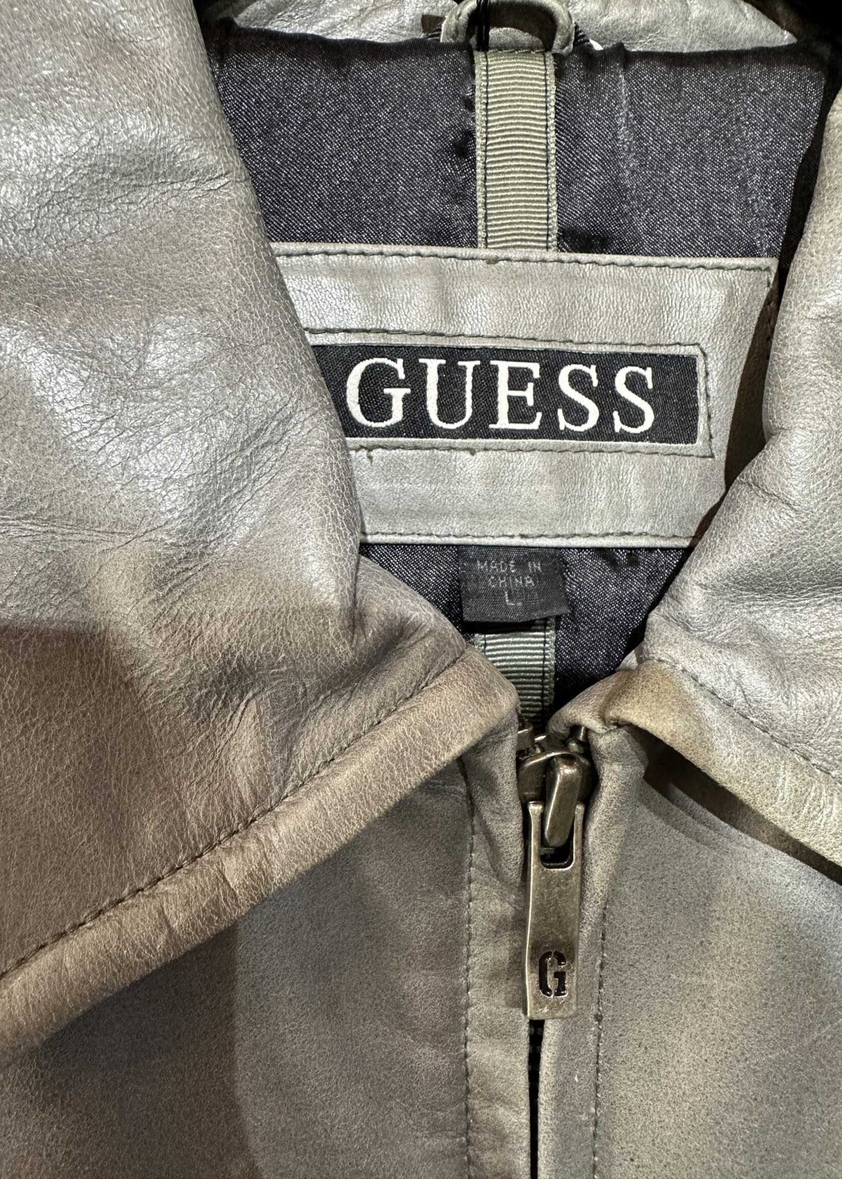Guess Grey Leather Zip Jacket L