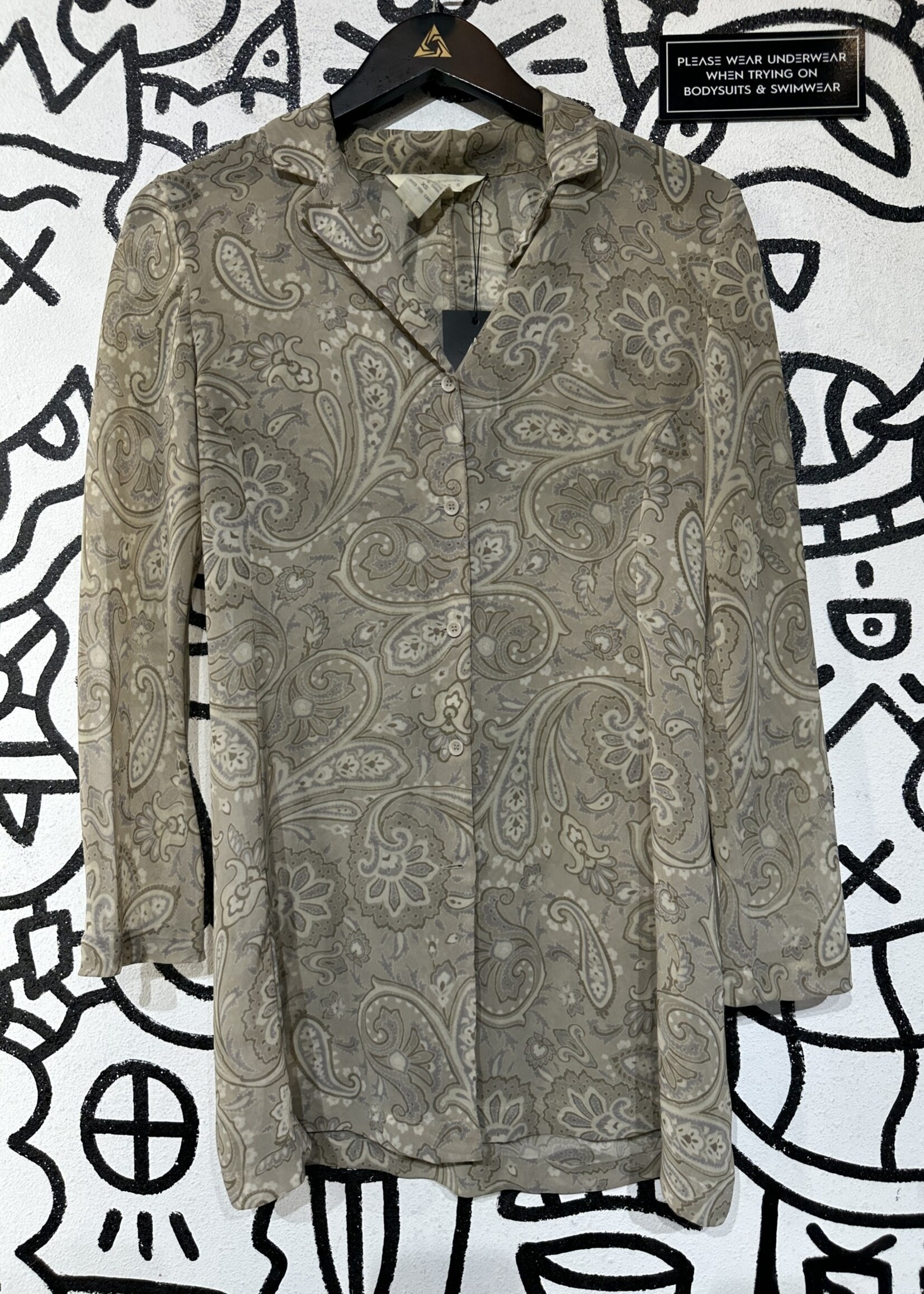 Express Vintage Beige Paisley Sheer Button Up XS