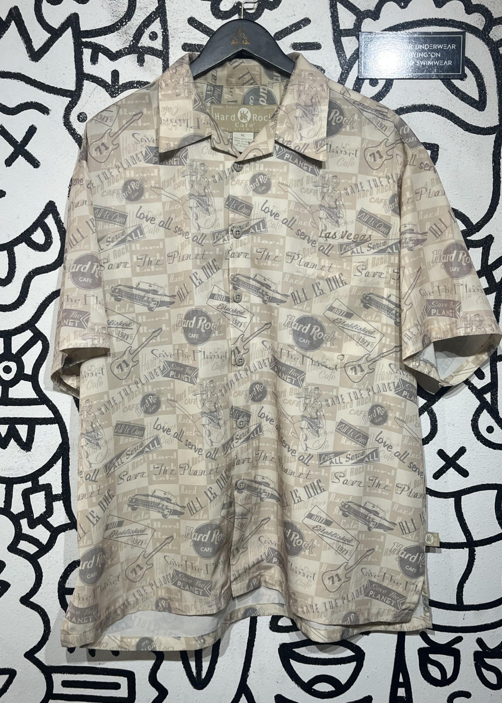 Hard Rock Cafe Beige All Over Print Button Up XL