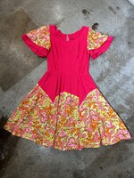 70s No Label Hot Pink Floral Poof Sleeve Dress 26"