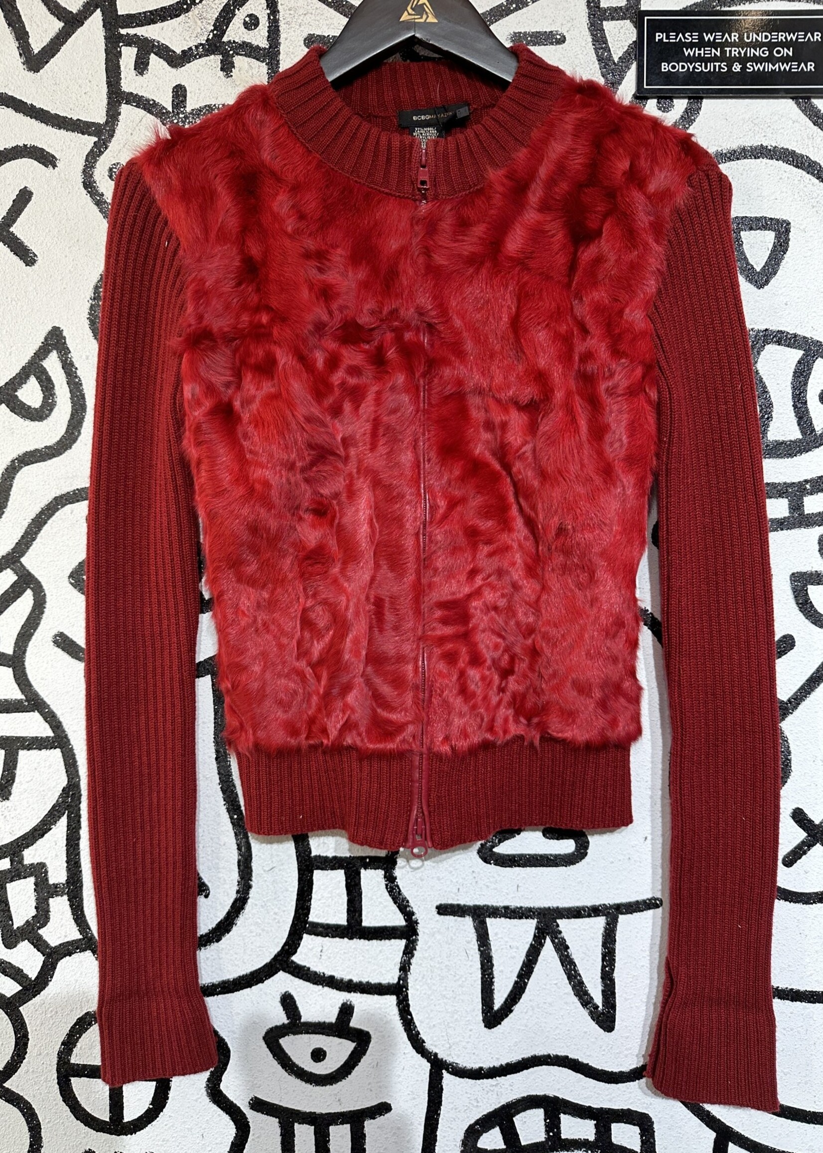 BCBG Y2K Red Knit/Genuine Fur Jacket XS