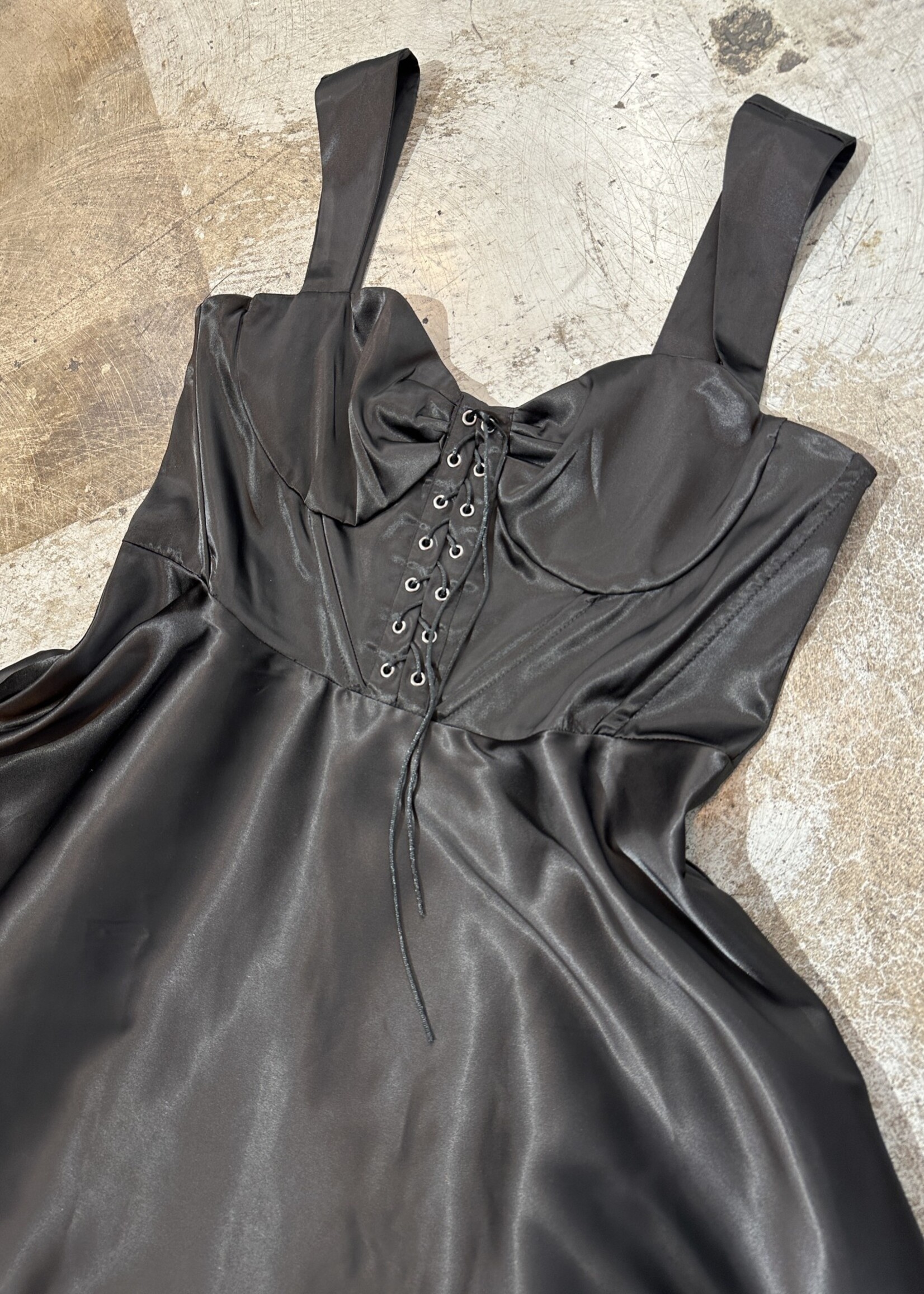 Unique Vintage Black Satin Lace Dress XL