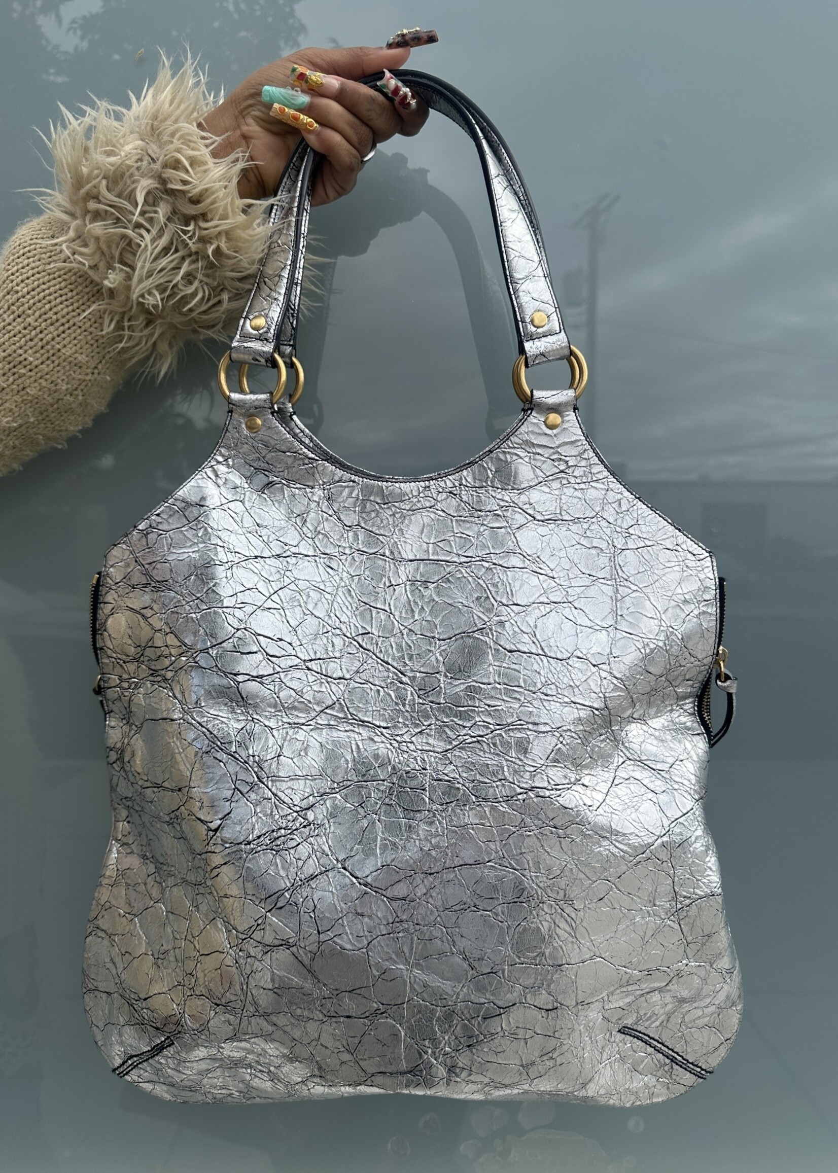 YSL Silver Distressed Leather Tribute Bag