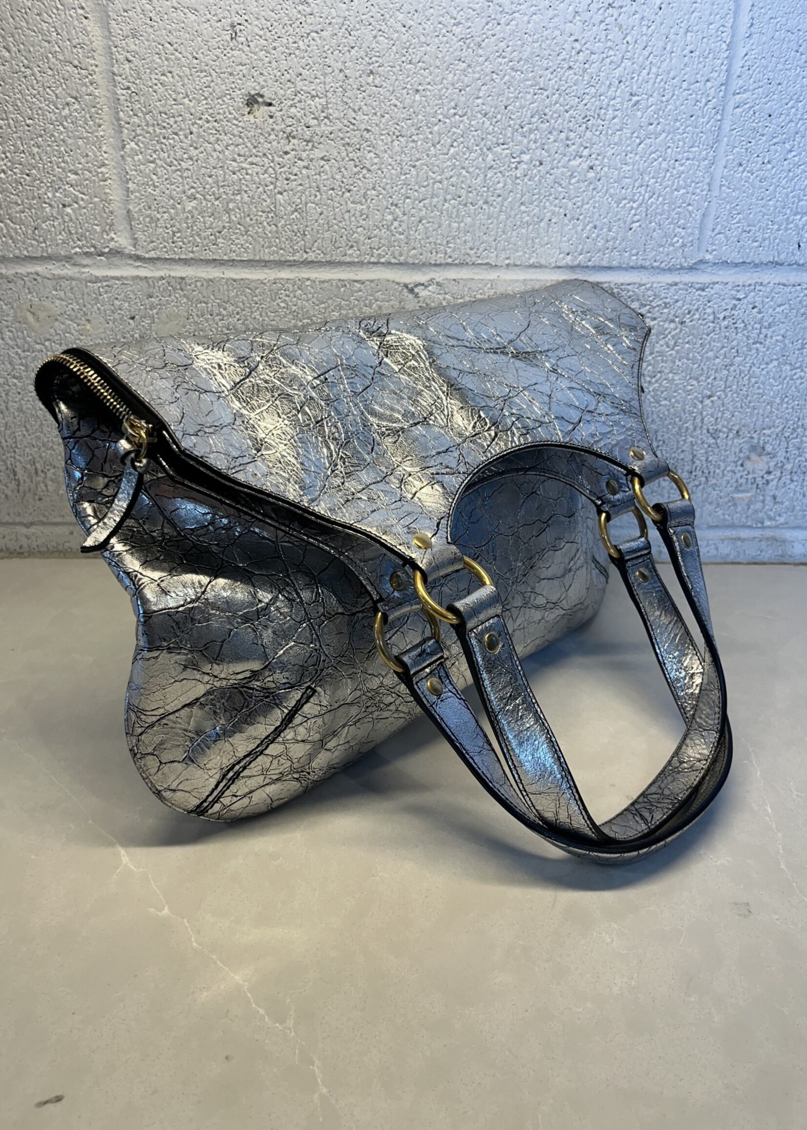 YSL Silver Distressed Leather Tribute Bag