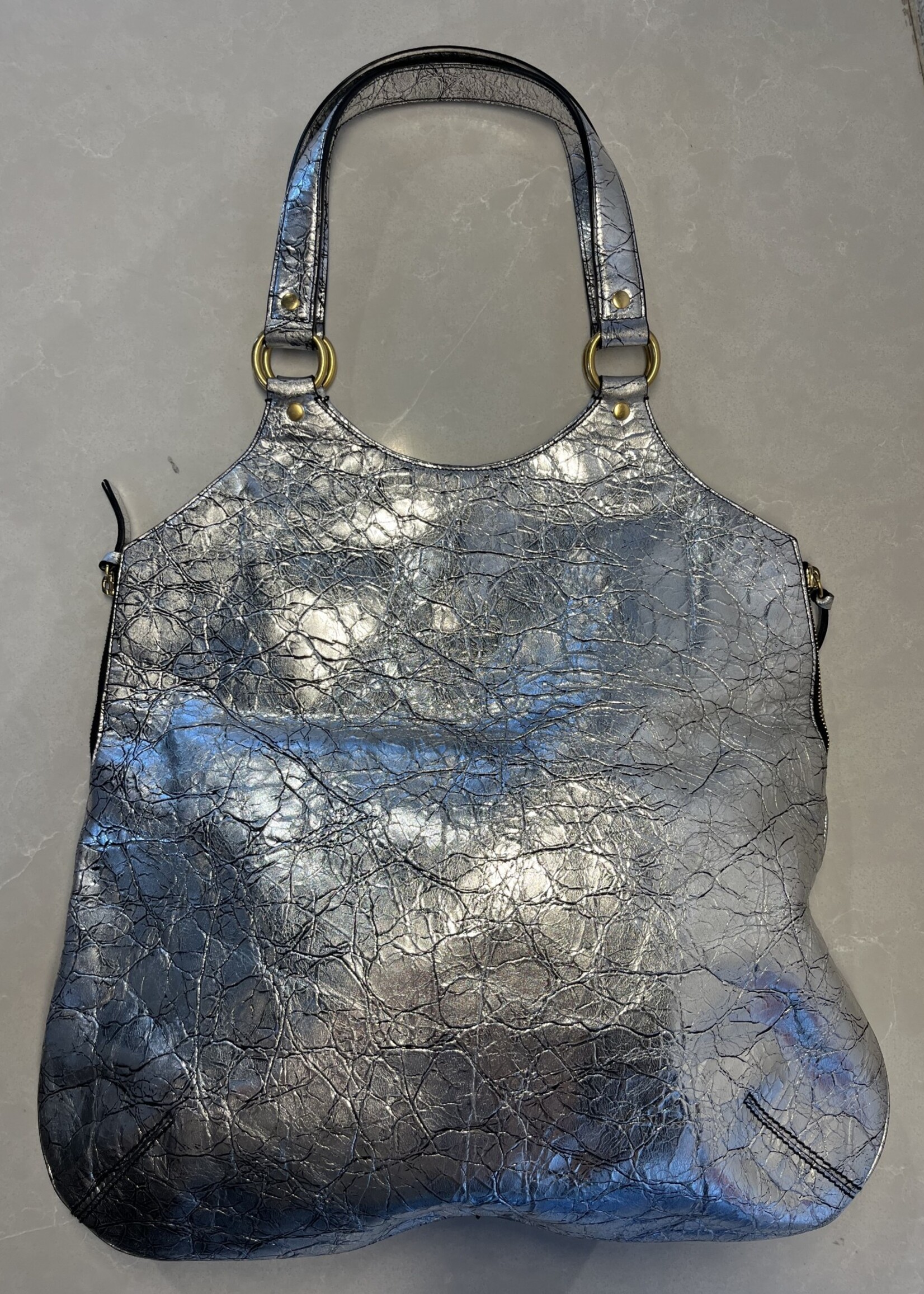 YSL Silver Distressed Leather Tribute Bag