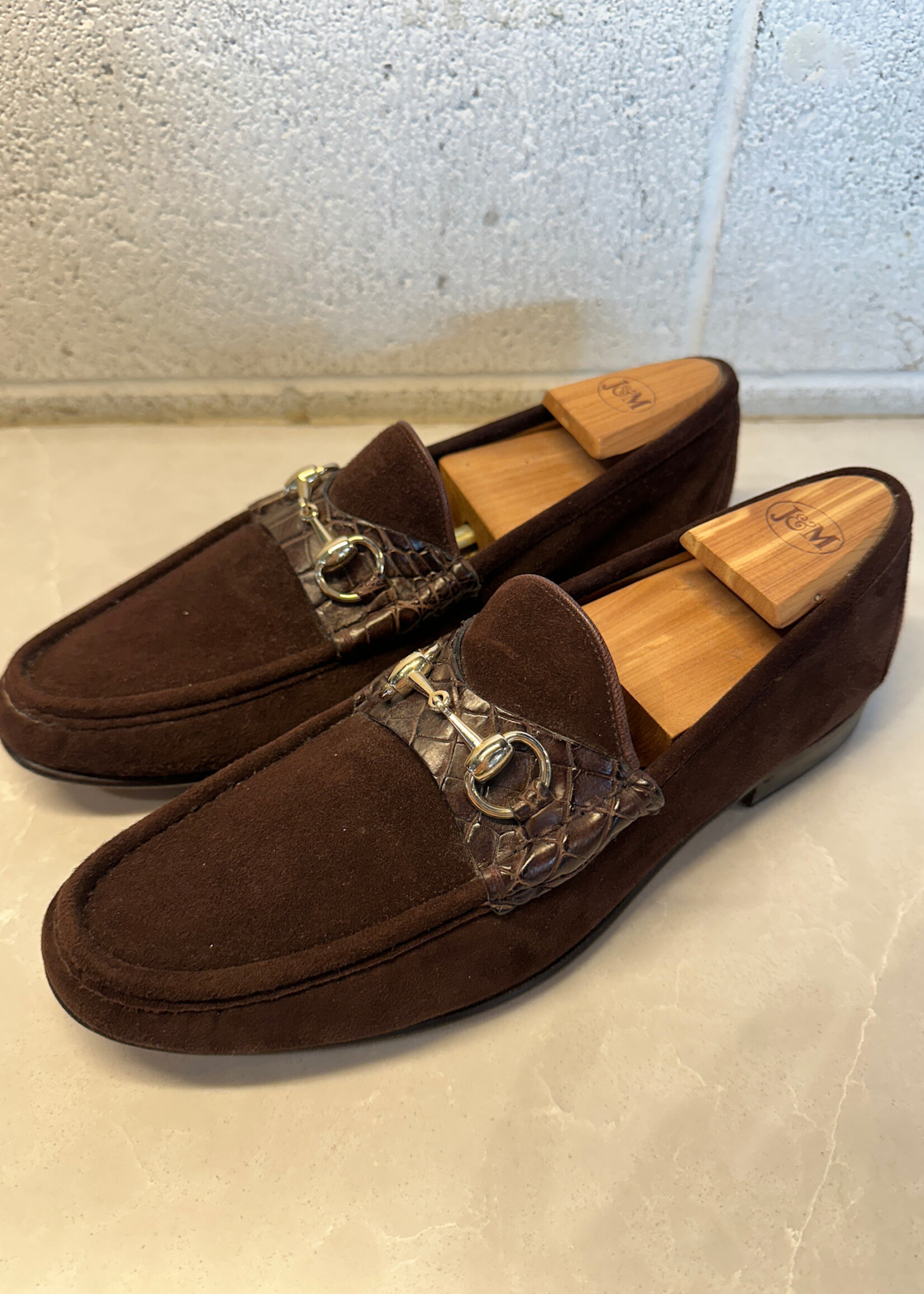 Gucci Brown Suede Loafers With Alligator Trim Fits Masc 10