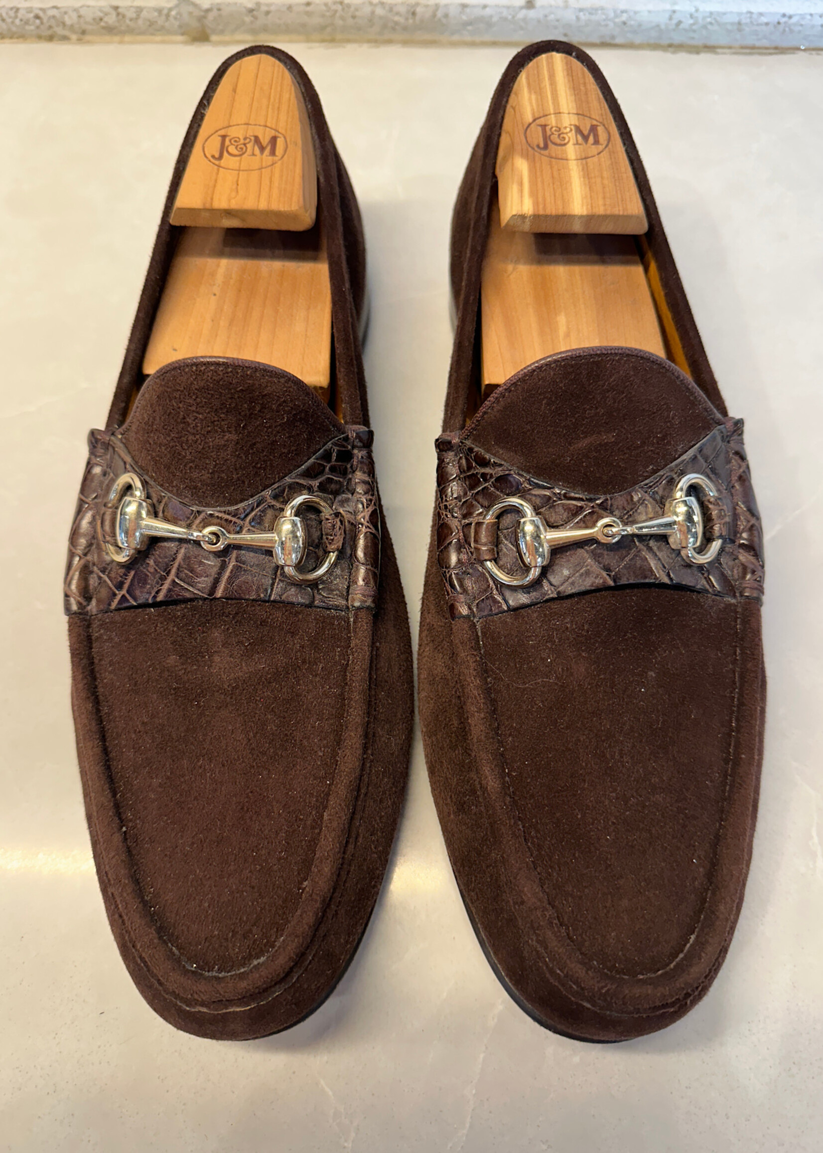 Gucci Brown Suede Loafers With Alligator Trim Fits Masc 10