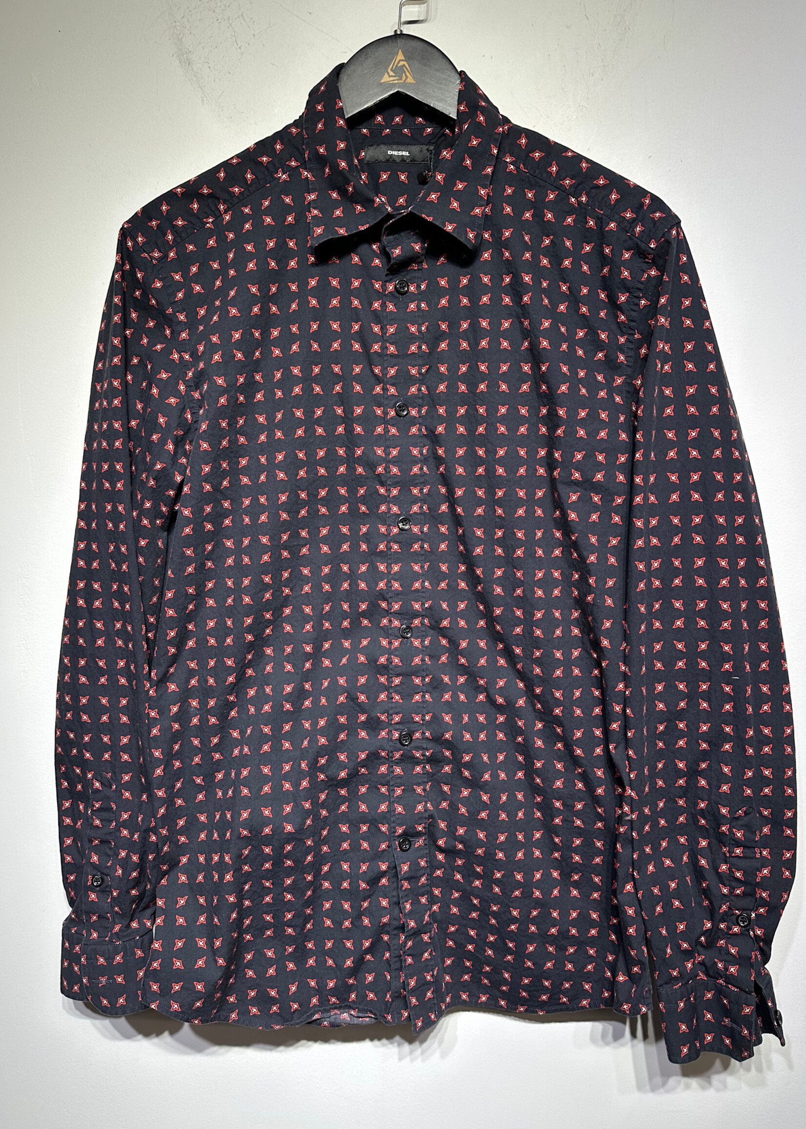 Diesel Red Black Print Button Up L