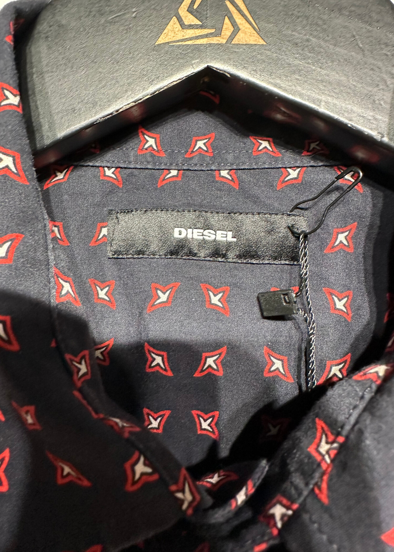 Diesel Red Black Print Button Up L