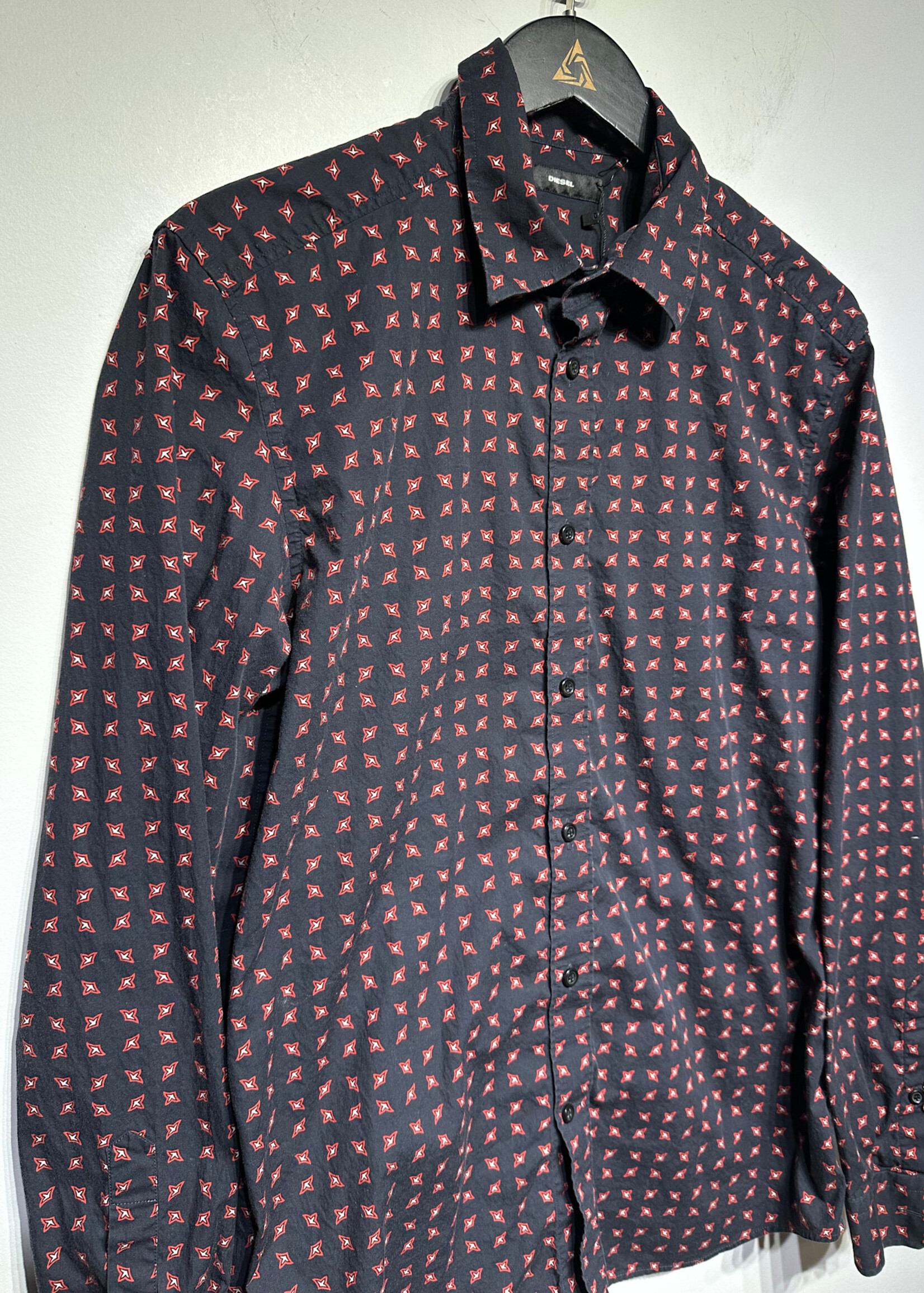 Diesel Red Black Print Button Up L