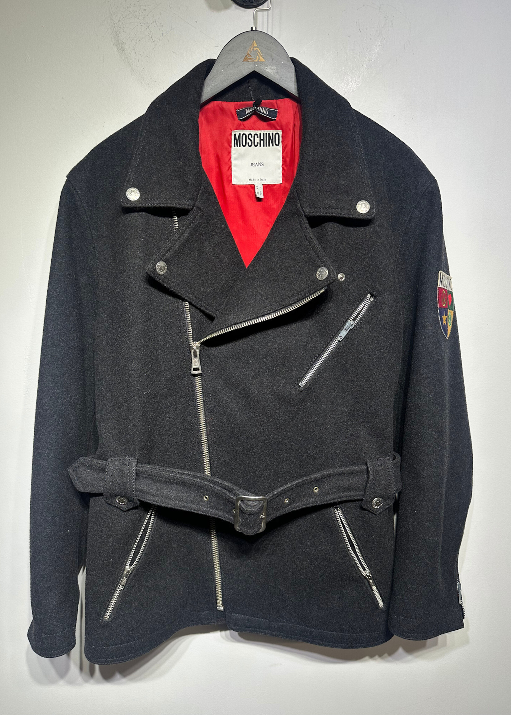 Moschino 90s Patch Wool Biker Jacket 38/Fits L
