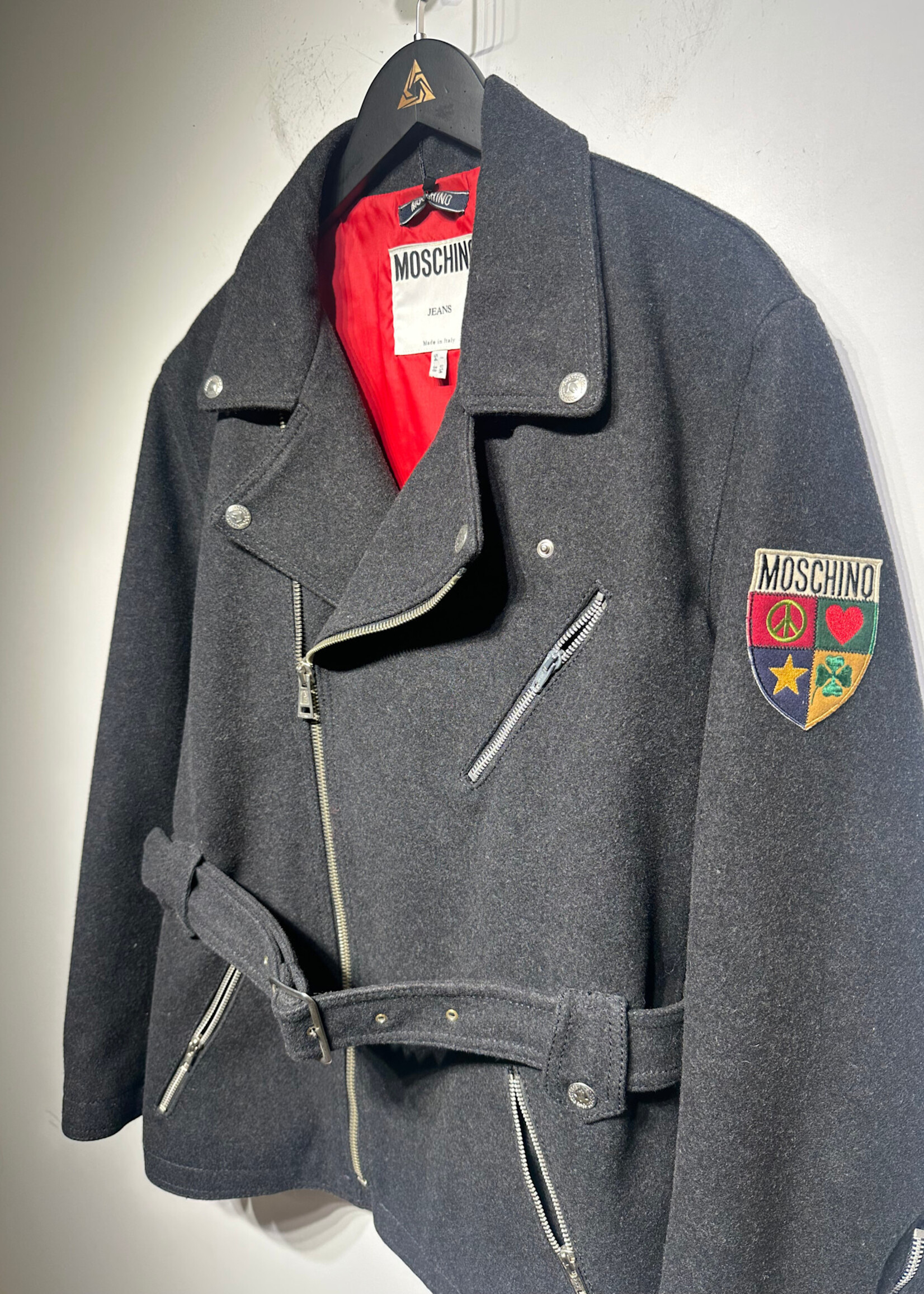 Moschino 90s Patch Wool Biker Jacket 38/Fits L