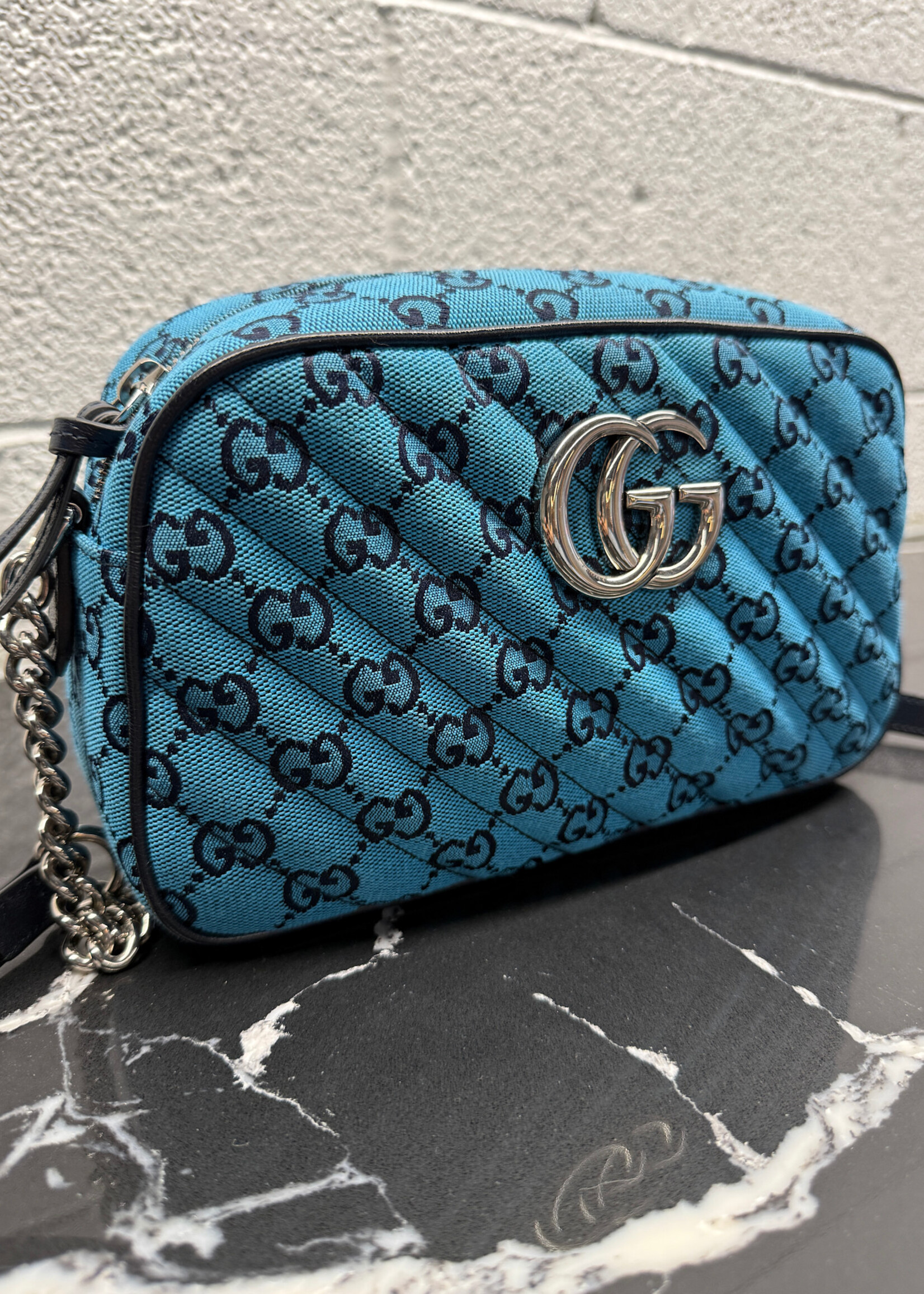 Gucci Canvas Small Marmont Blue Camera Bag