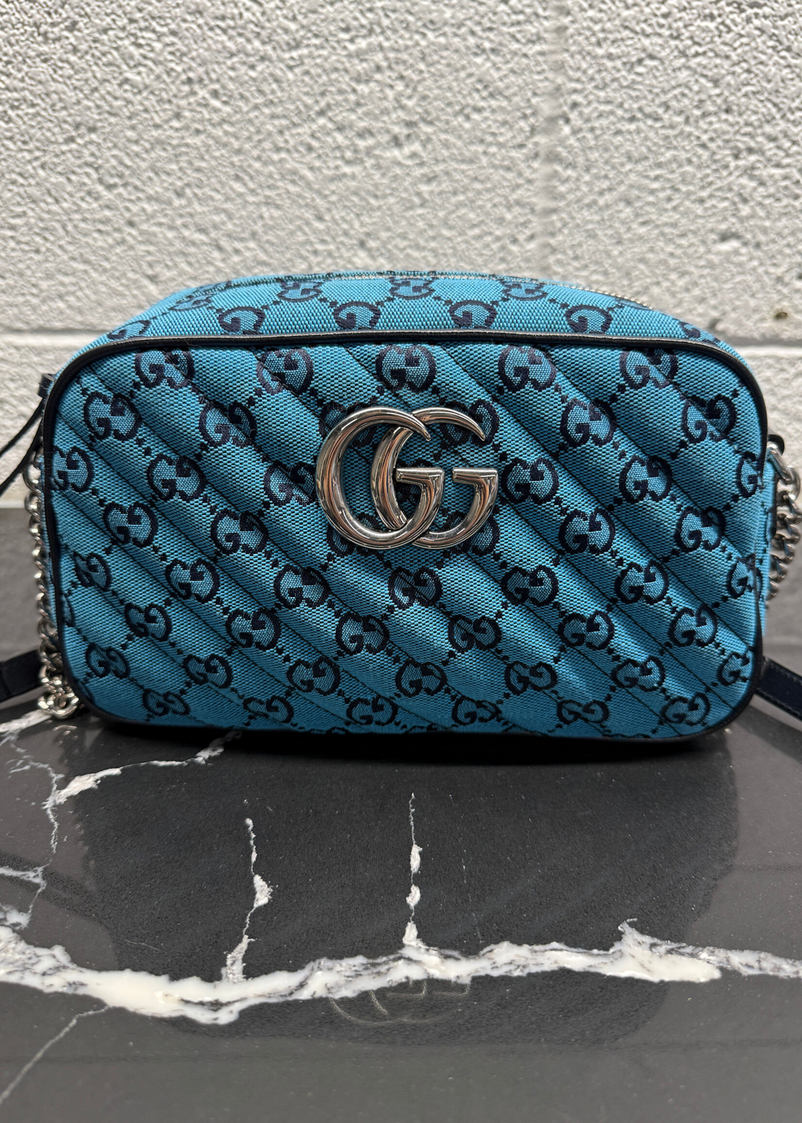 Gucci Canvas Small Marmont Blue Camera Bag