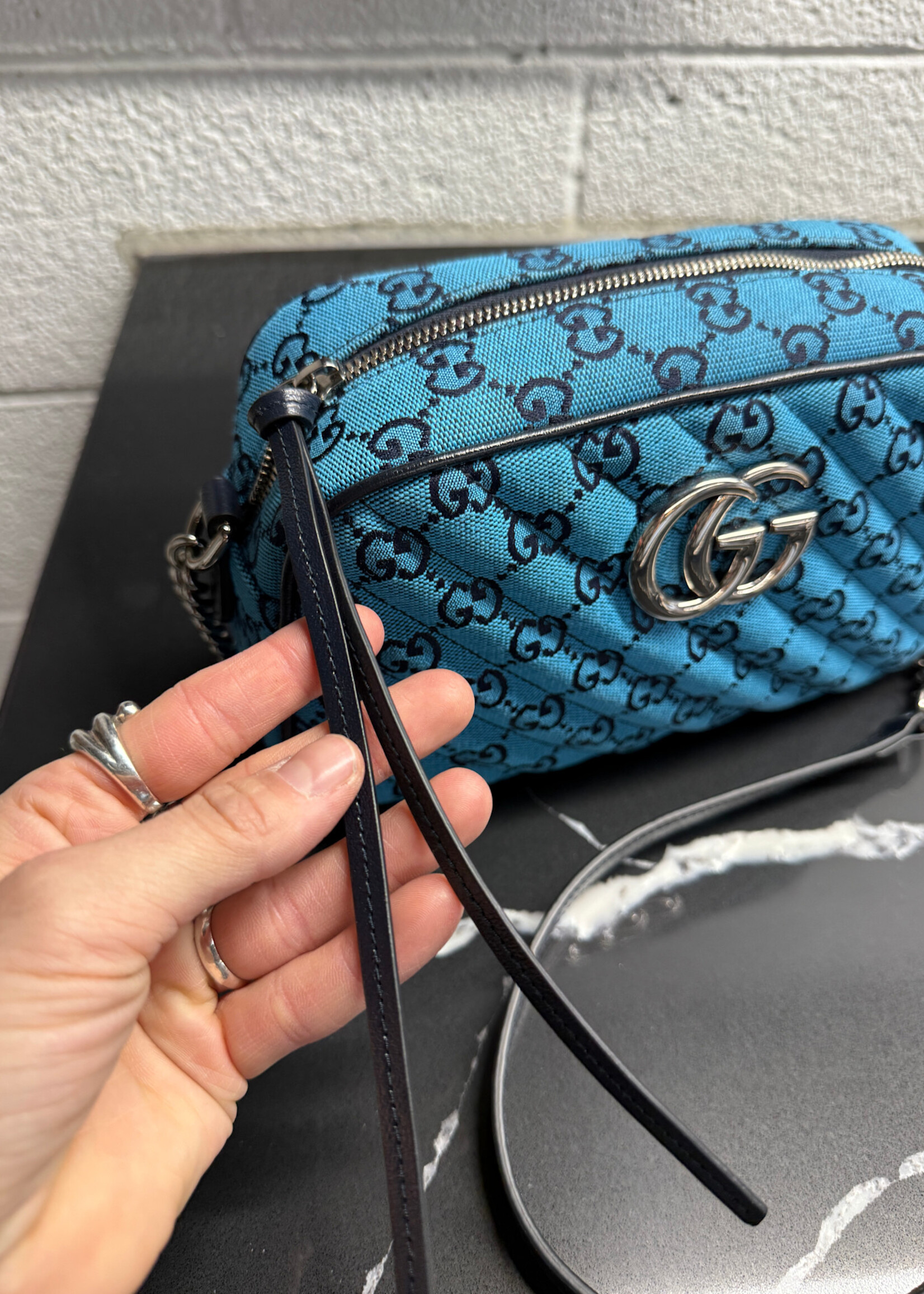 Gucci Canvas Small Marmont Blue Camera Bag