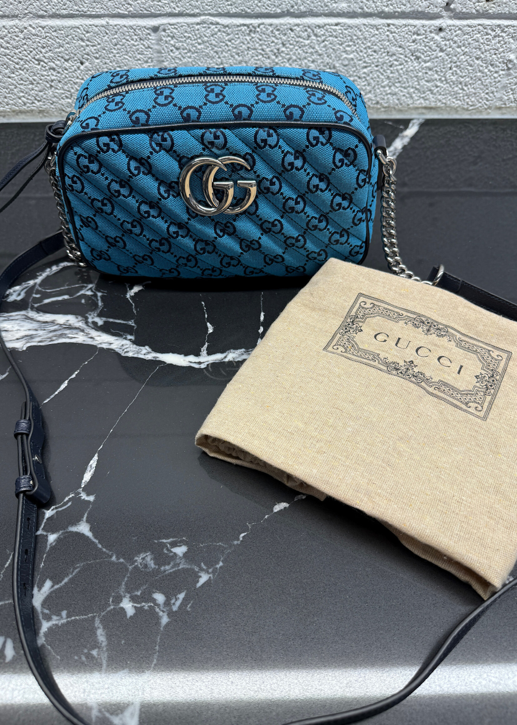 Gucci Canvas Small Marmont Blue Camera Bag