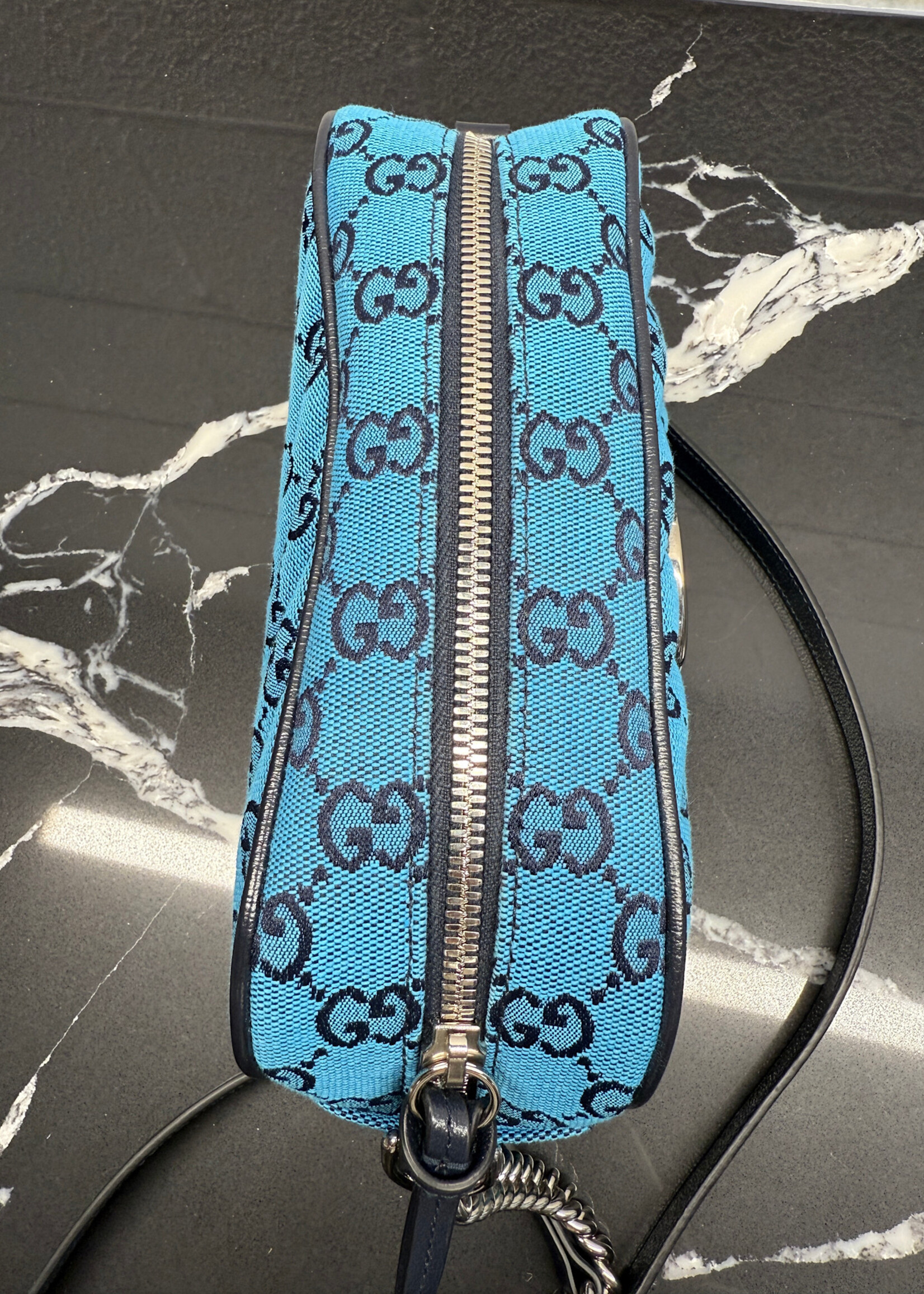 Gucci Canvas Small Marmont Blue Camera Bag