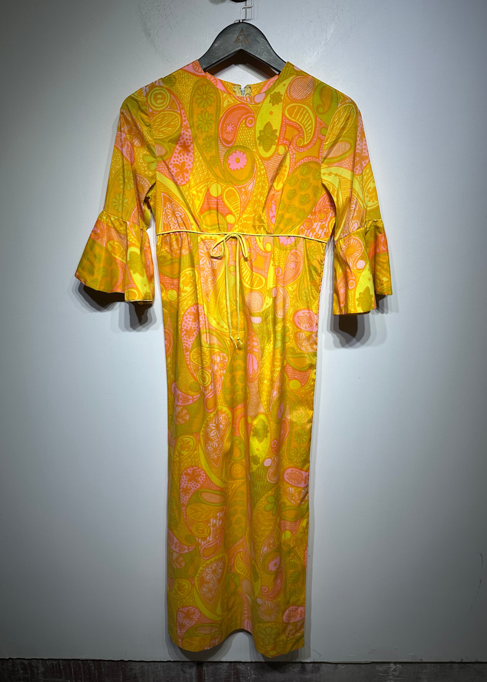 60s No Label Yellow Paisley Print Dress As Is XS