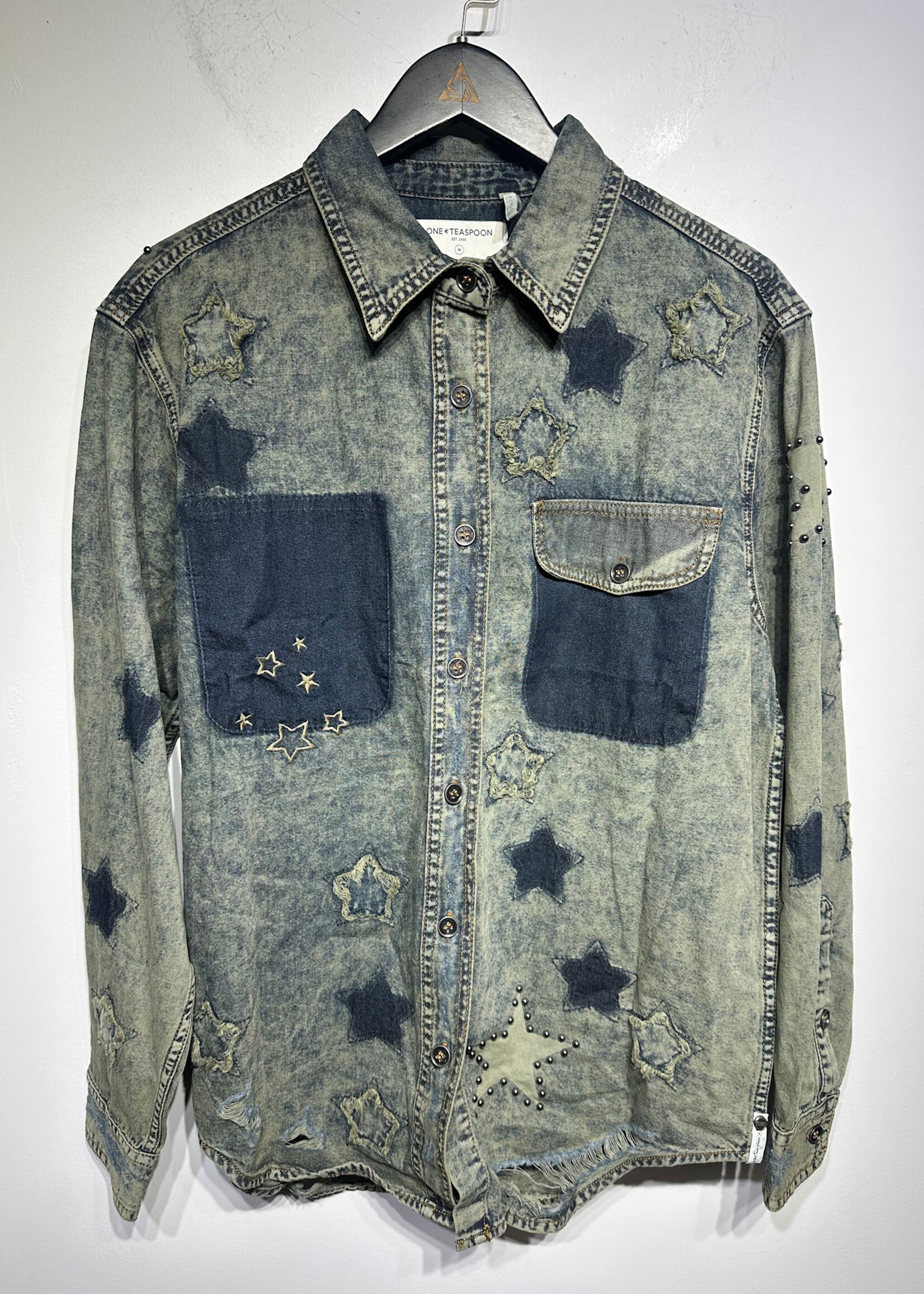 One Teaspoon Acid Wash Denim Star LS Button Up Fem M