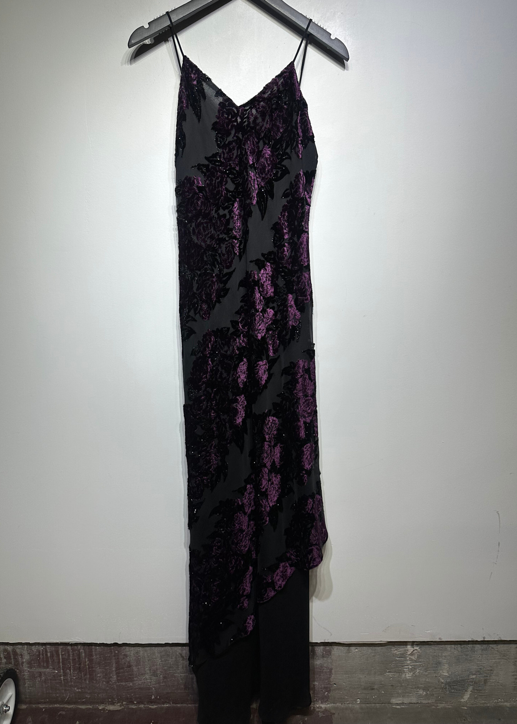 Niki Livas Black Purple Velour Maxi Dress M
