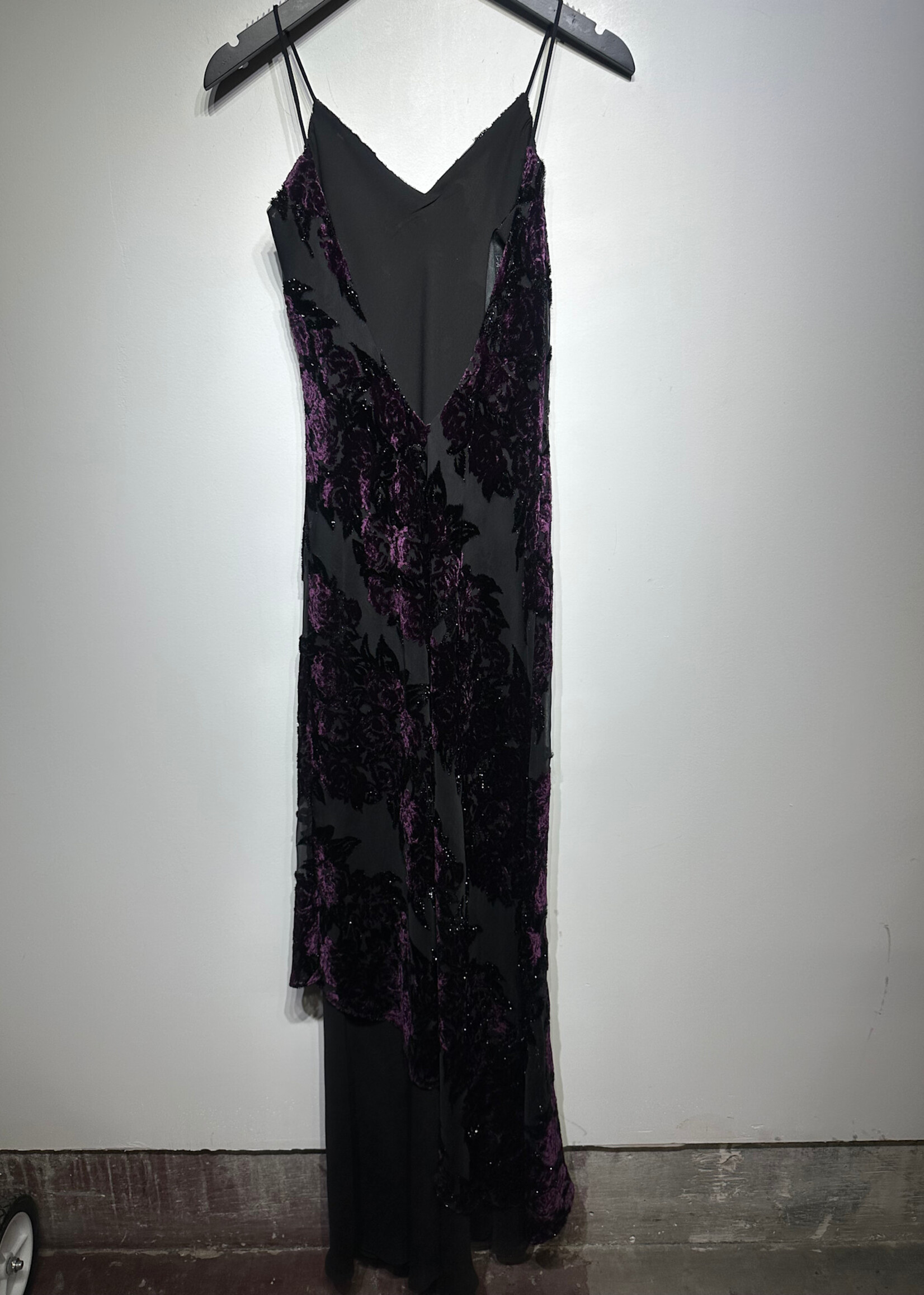 Niki Livas Black Purple Velour Maxi Dress M