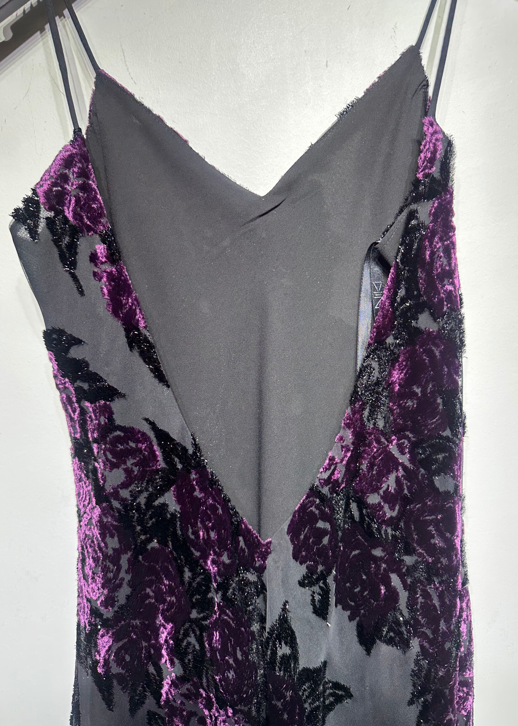 Niki Livas Black Purple Velour Maxi Dress M