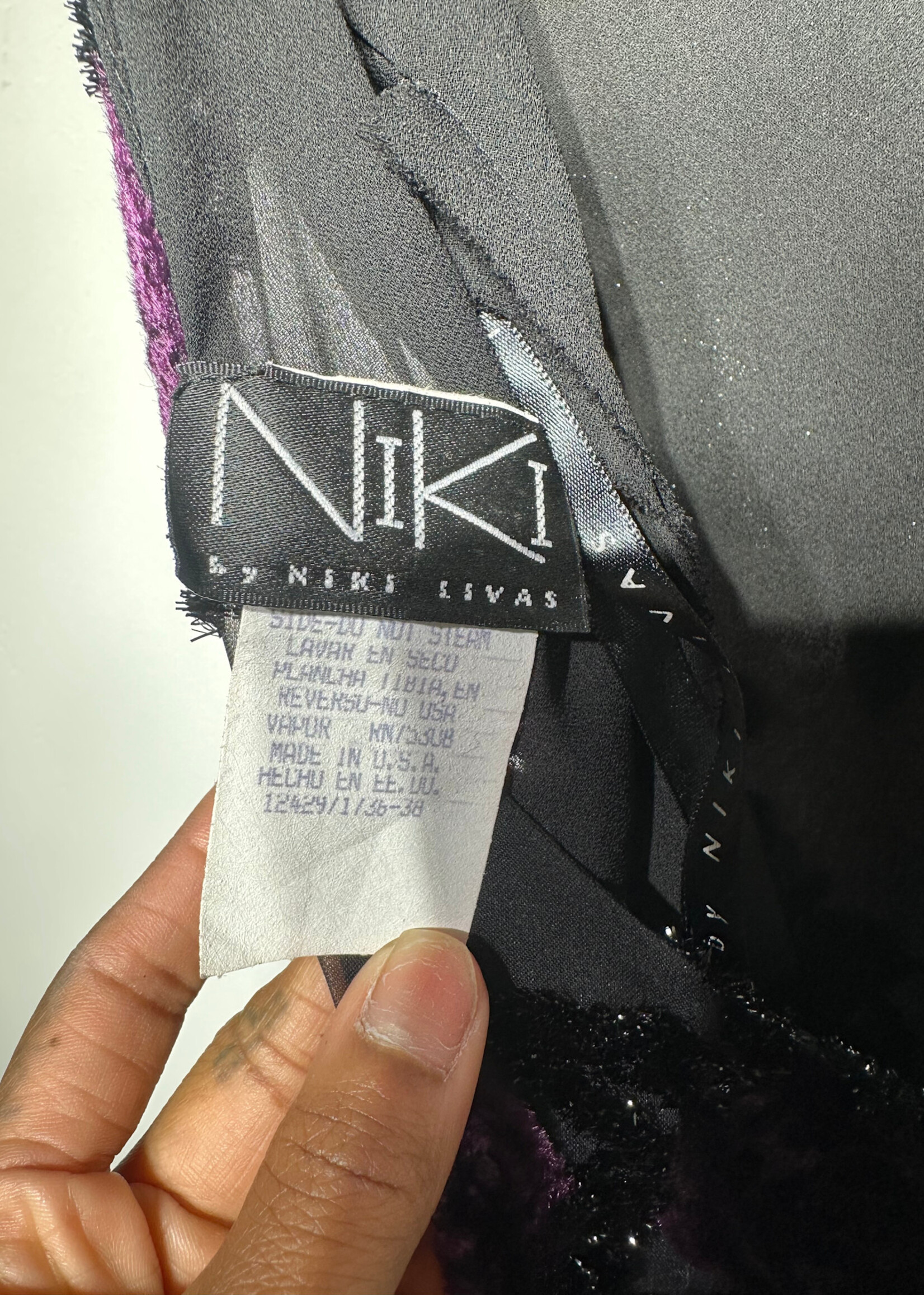Niki Livas Black Purple Velour Maxi Dress M