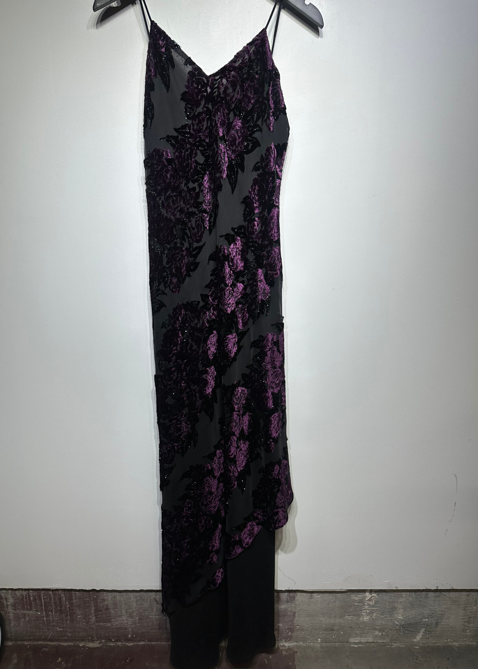 Niki Livas Black Purple Velour Maxi Dress M