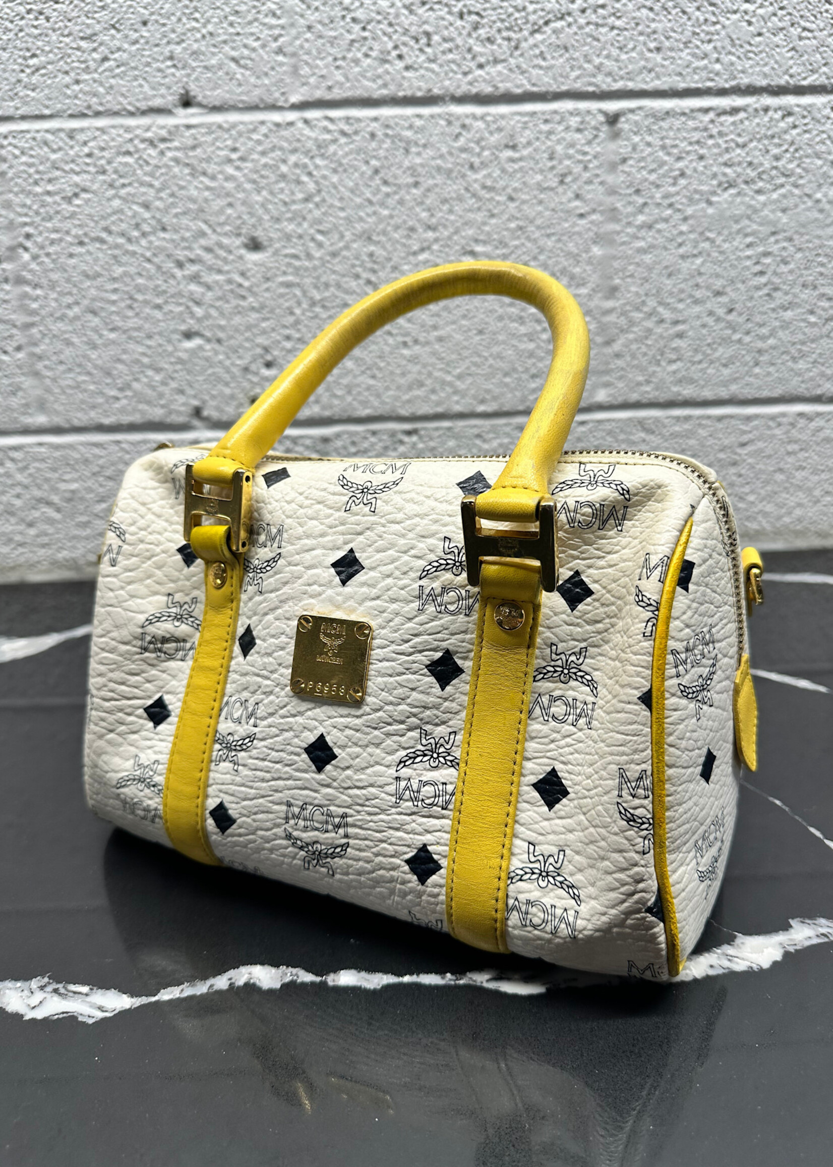 MCM White Yellow Visetos Mini Bag