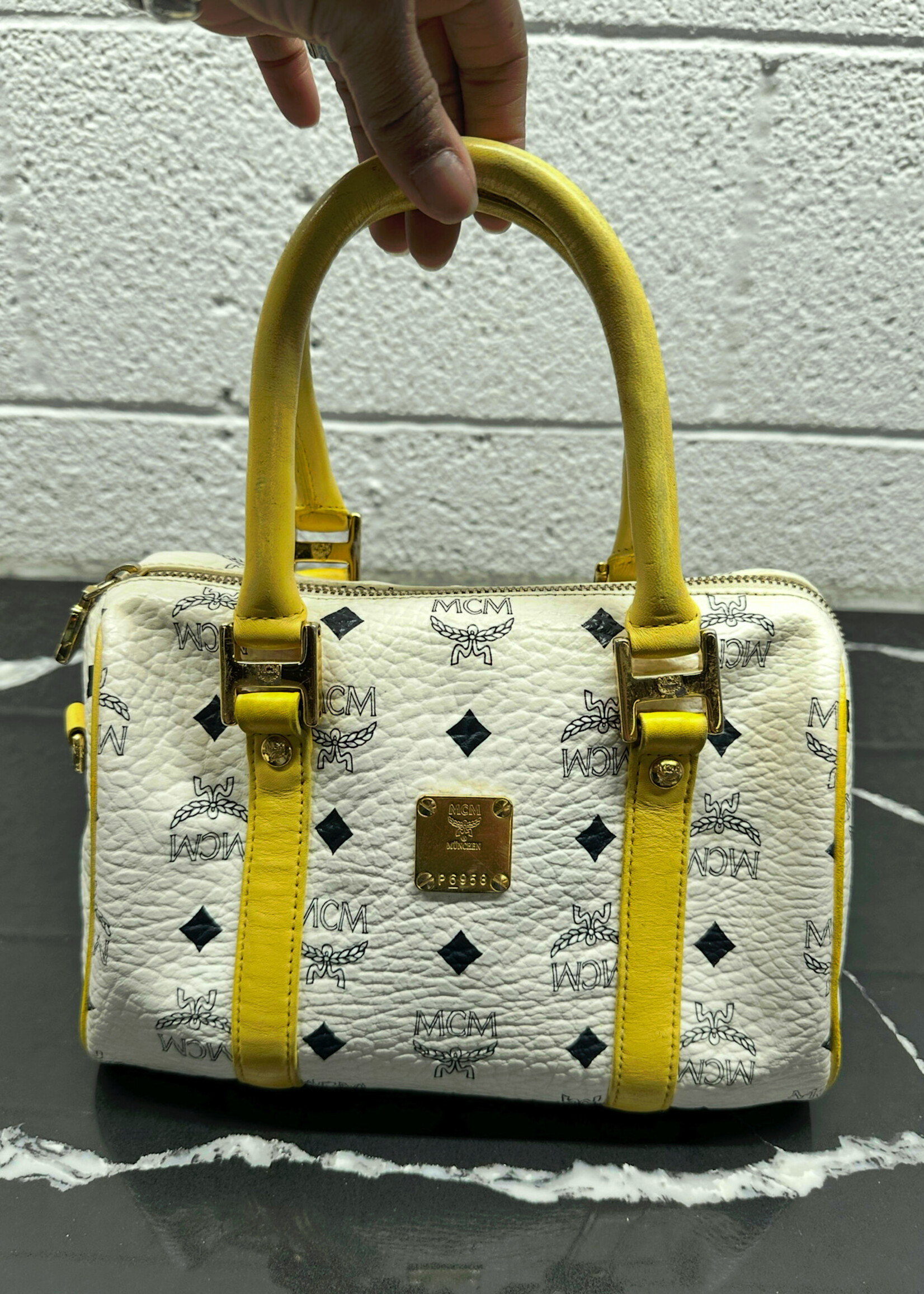 MCM White Yellow Visetos Mini Bag