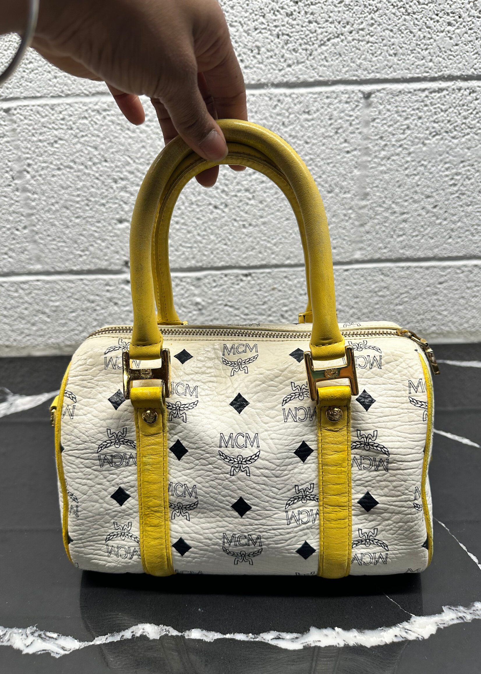 MCM White Yellow Visetos Mini Bag