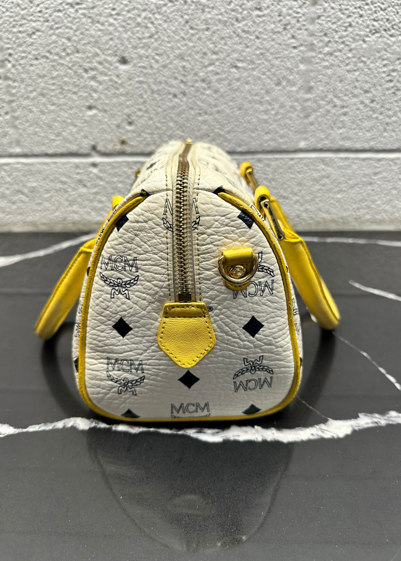 MCM White Yellow Visetos Mini Bag