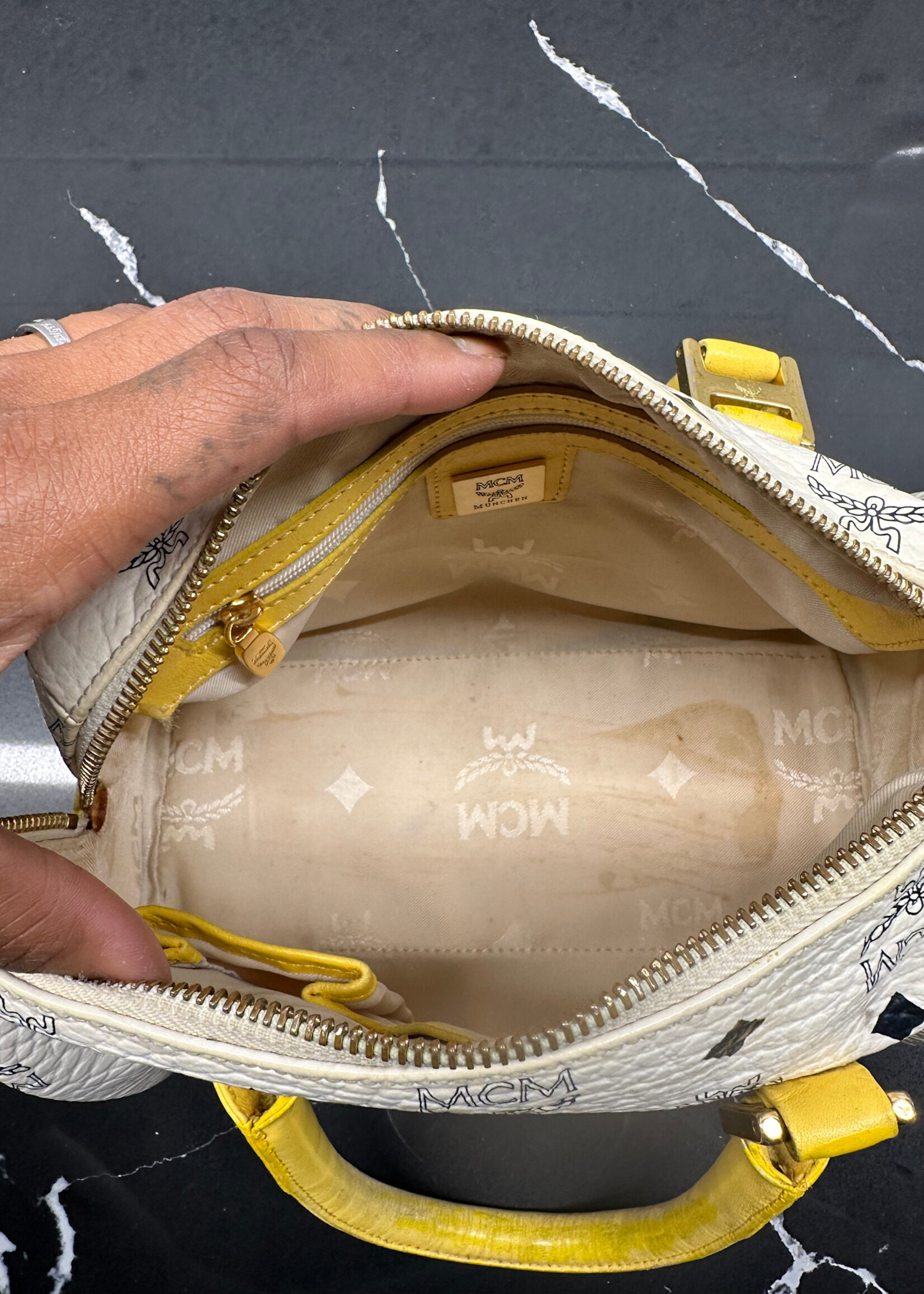 MCM White Yellow Visetos Mini Bag