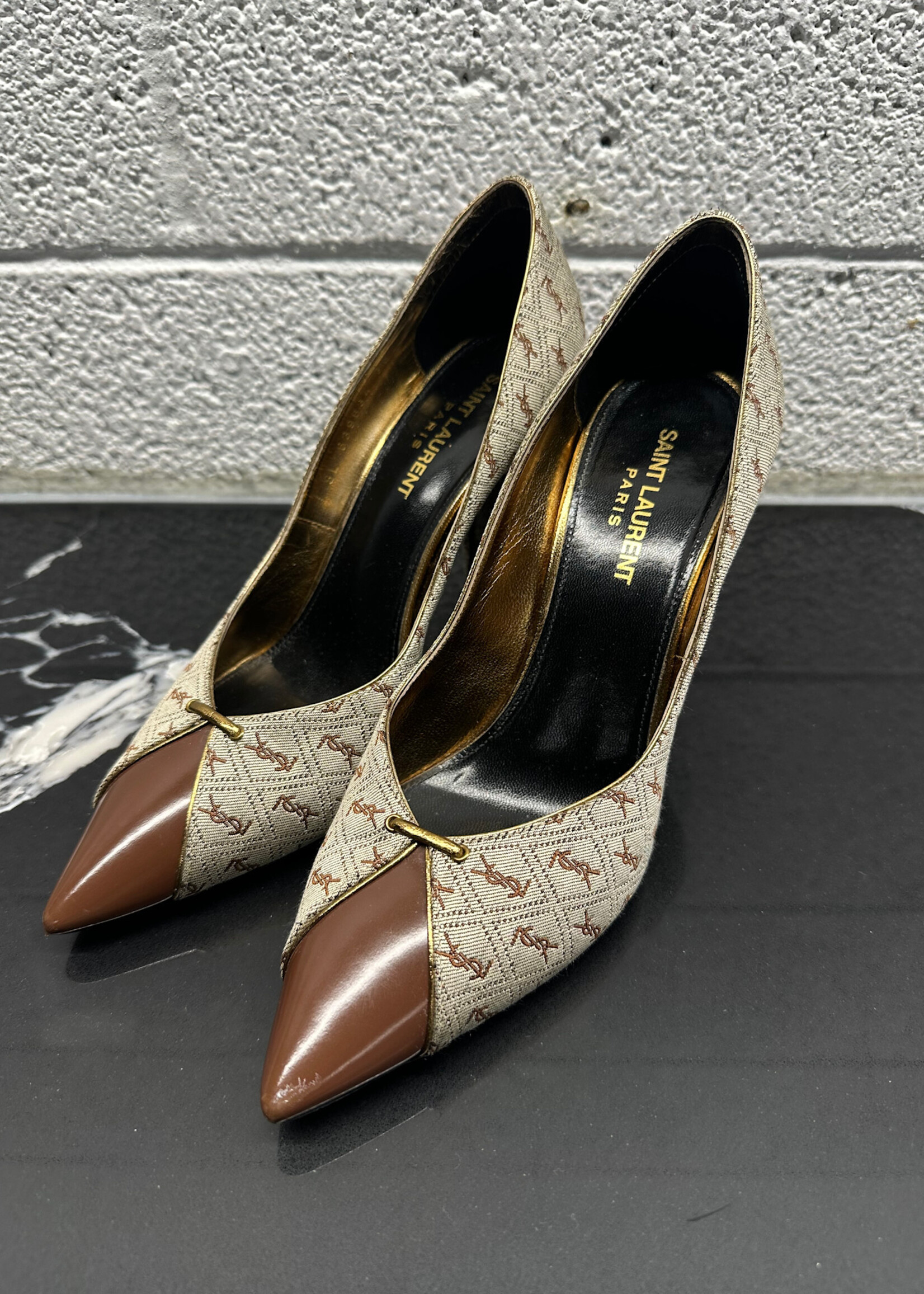 YSL Brown Monogram Heels 7.5