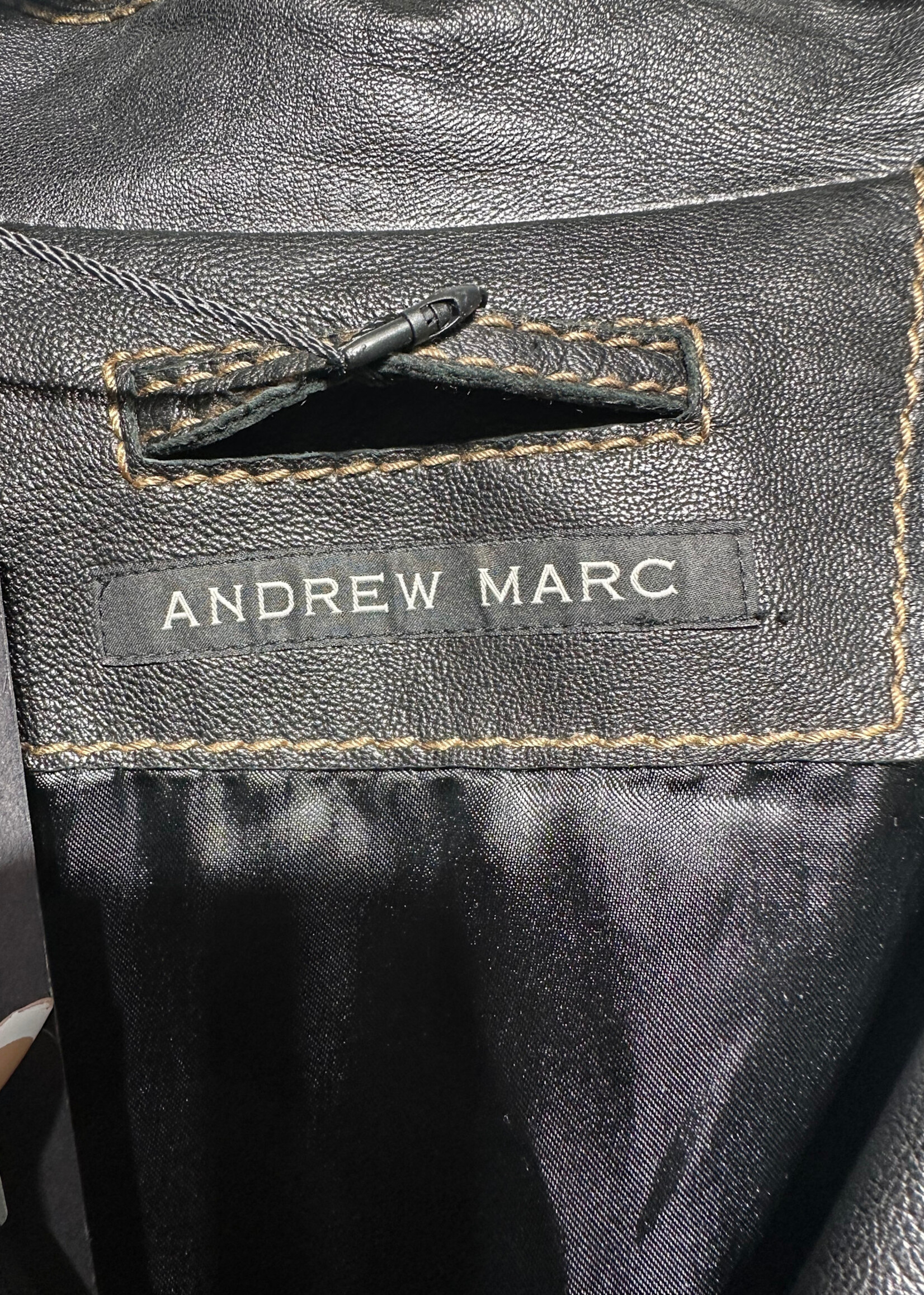 Andrew Marc Black Long Leather Coat Fem XL