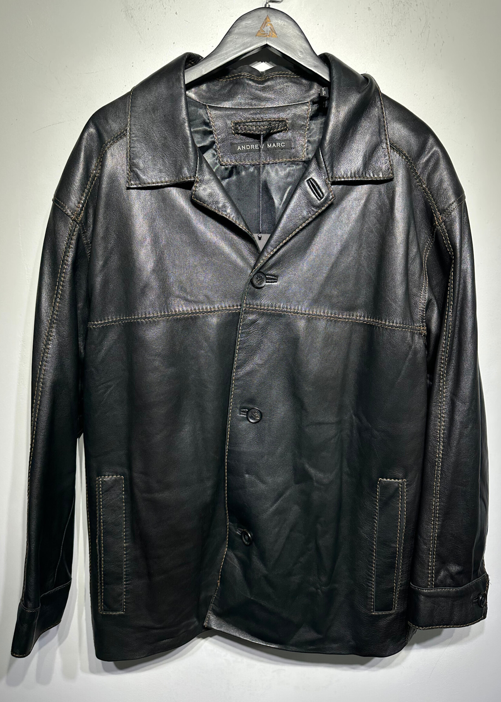 Andrew Marc Black Long Leather Coat Fem XL
