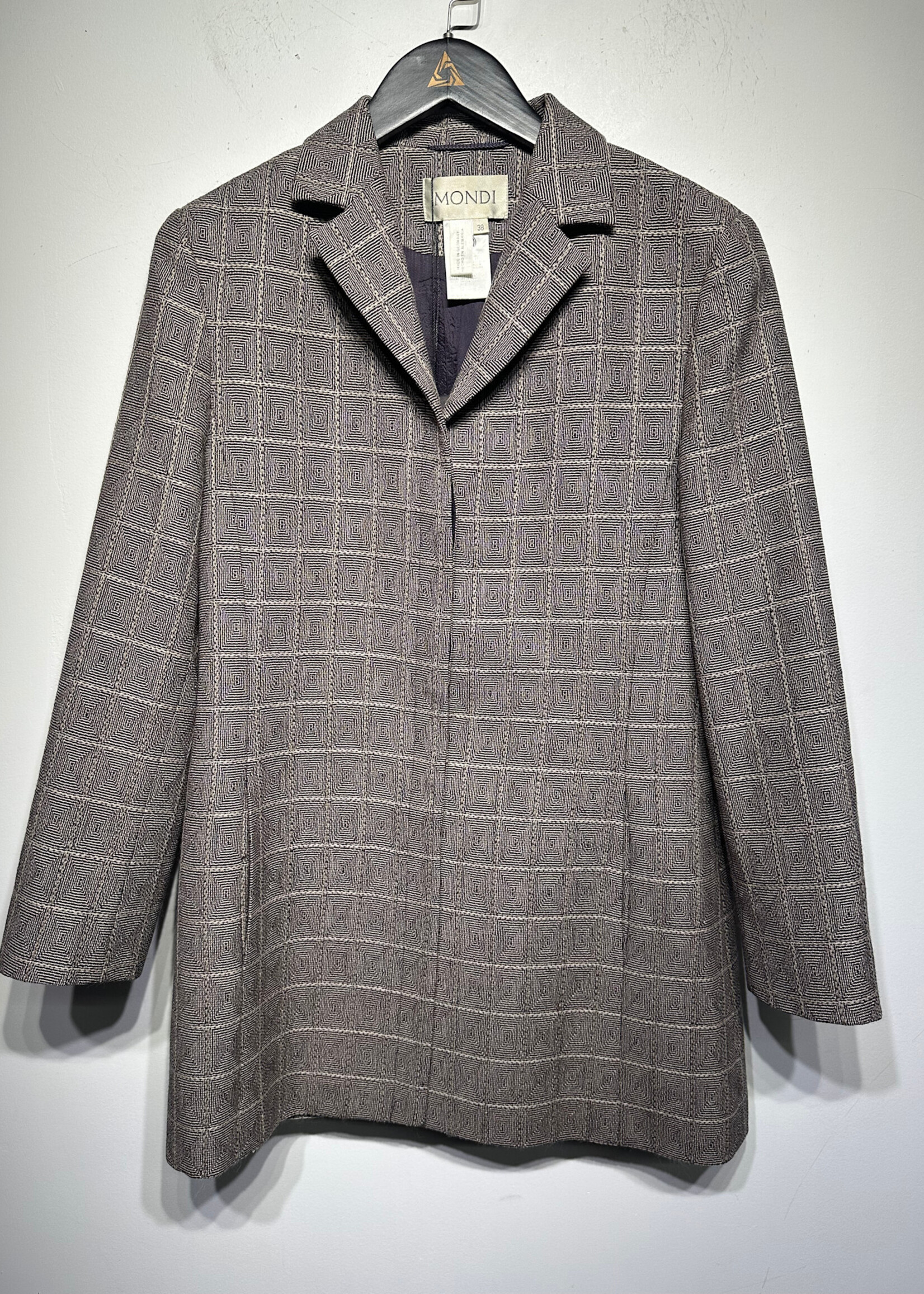 Mondi Beige Black Square Pattern Long Coat Fem M