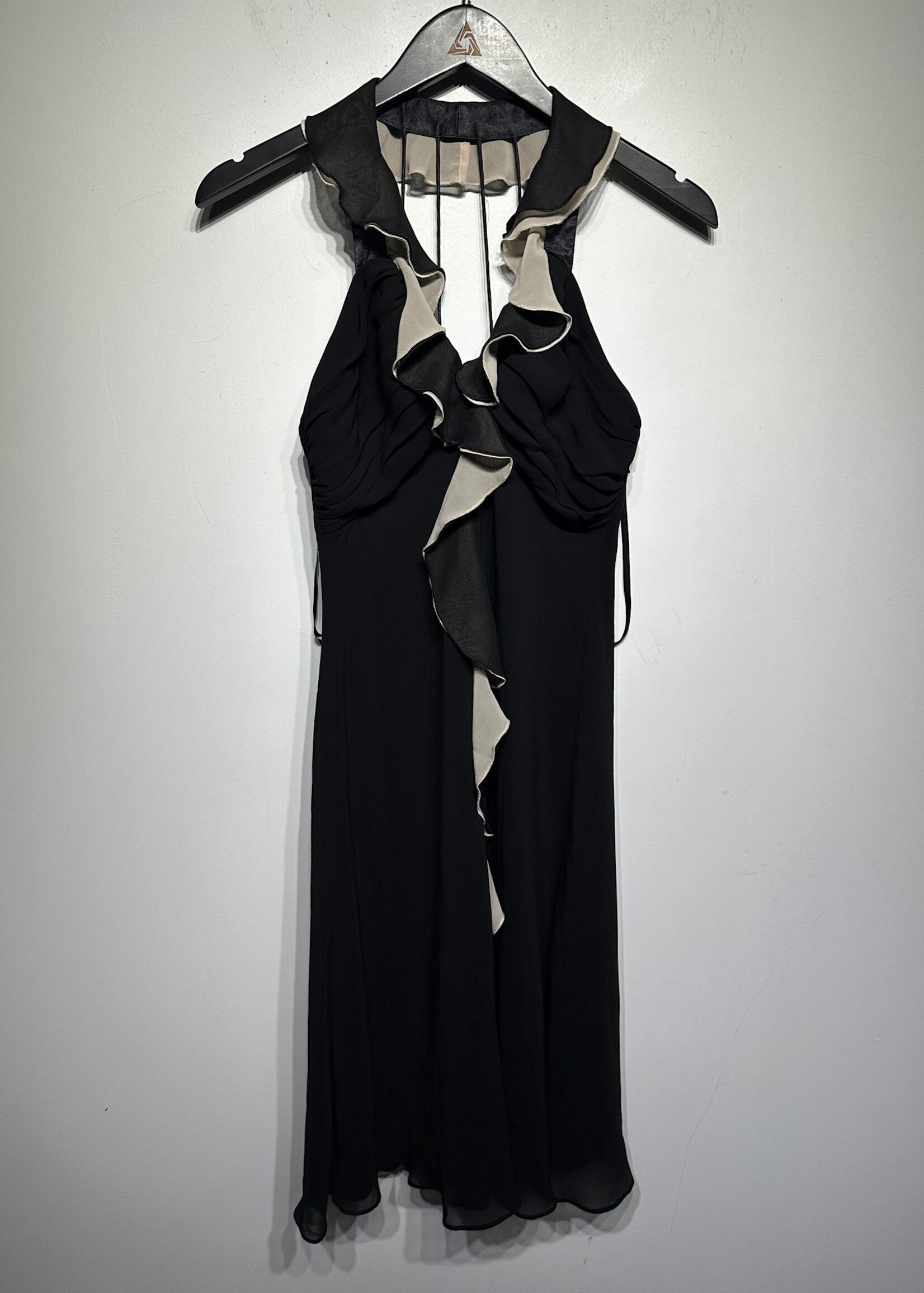 SL Fashions Black Beige Sheer Ruffle Dress Fem M