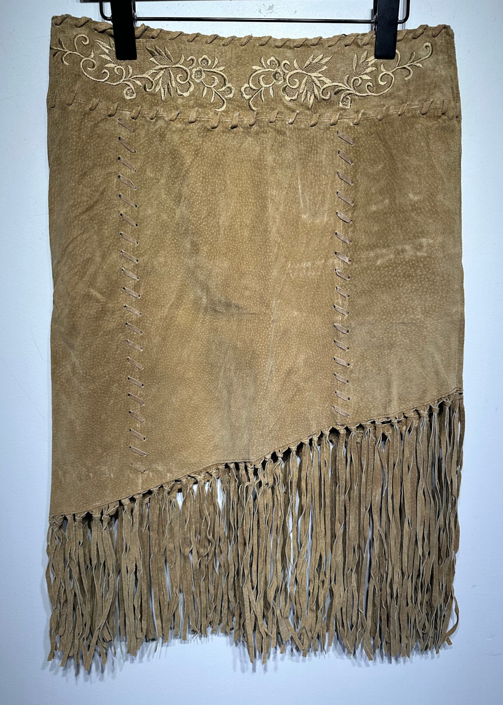 Wet Seal 2000s Tan Leather Fringe Skirt 29"