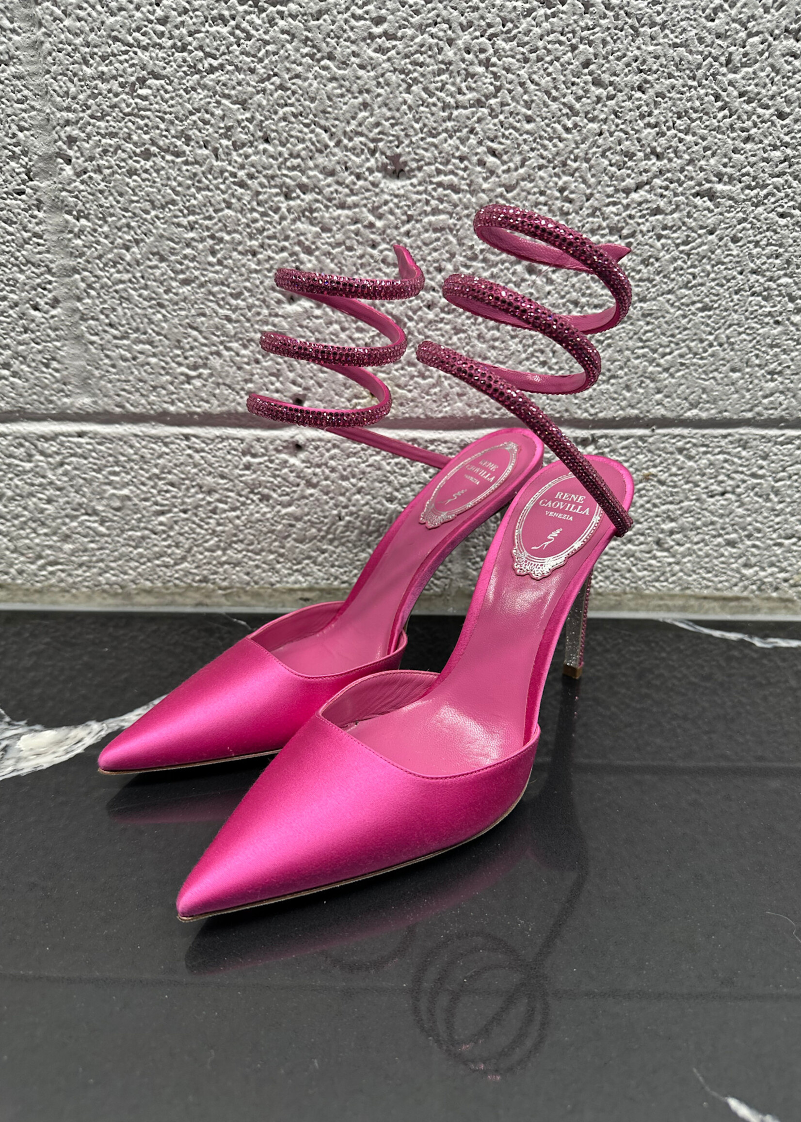 Rene Caovilla Satin Hot Pink Wrap Heel 37/7