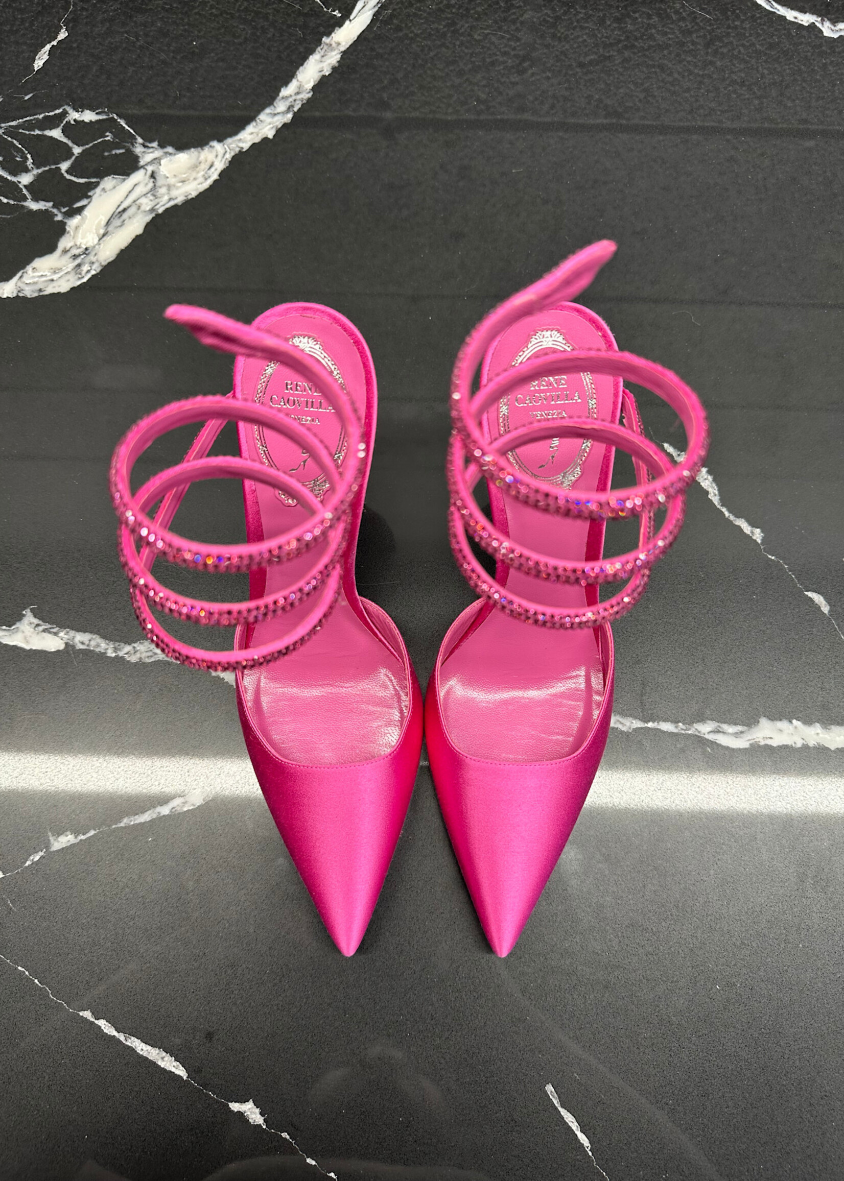 Rene Caovilla Satin Hot Pink Wrap Heel 37/7