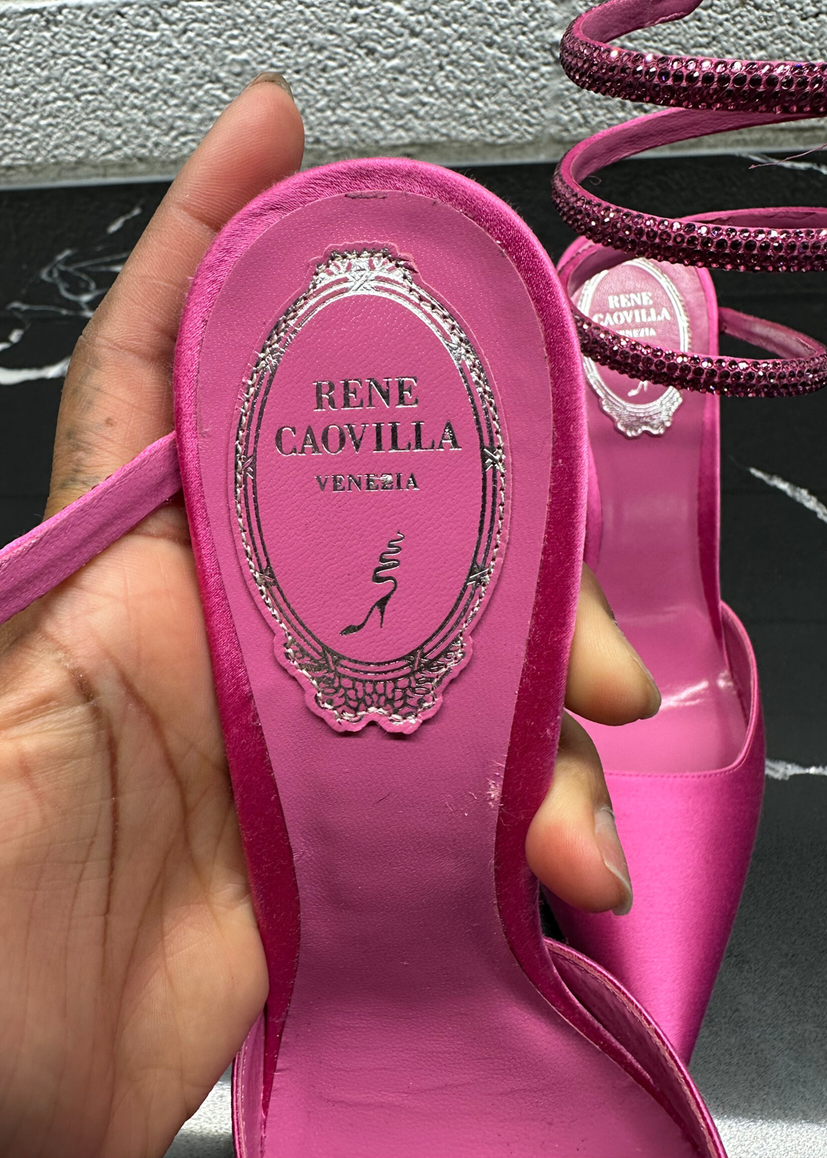 Rene Caovilla Satin Hot Pink Wrap Heel 37/7