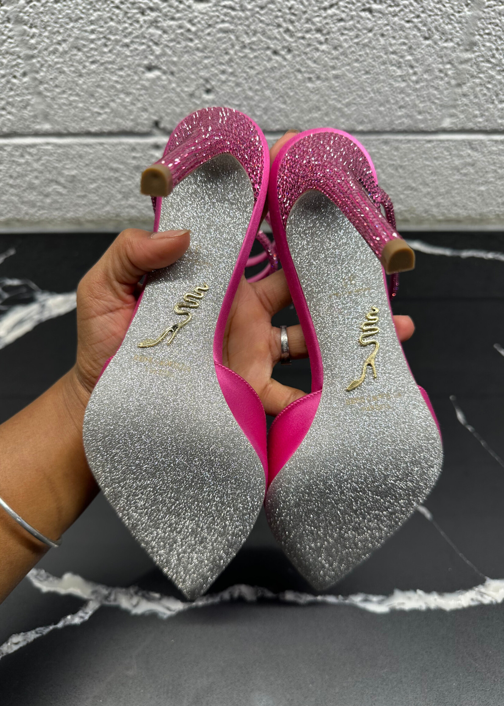 Rene Caovilla Satin Hot Pink Wrap Heel 37/7