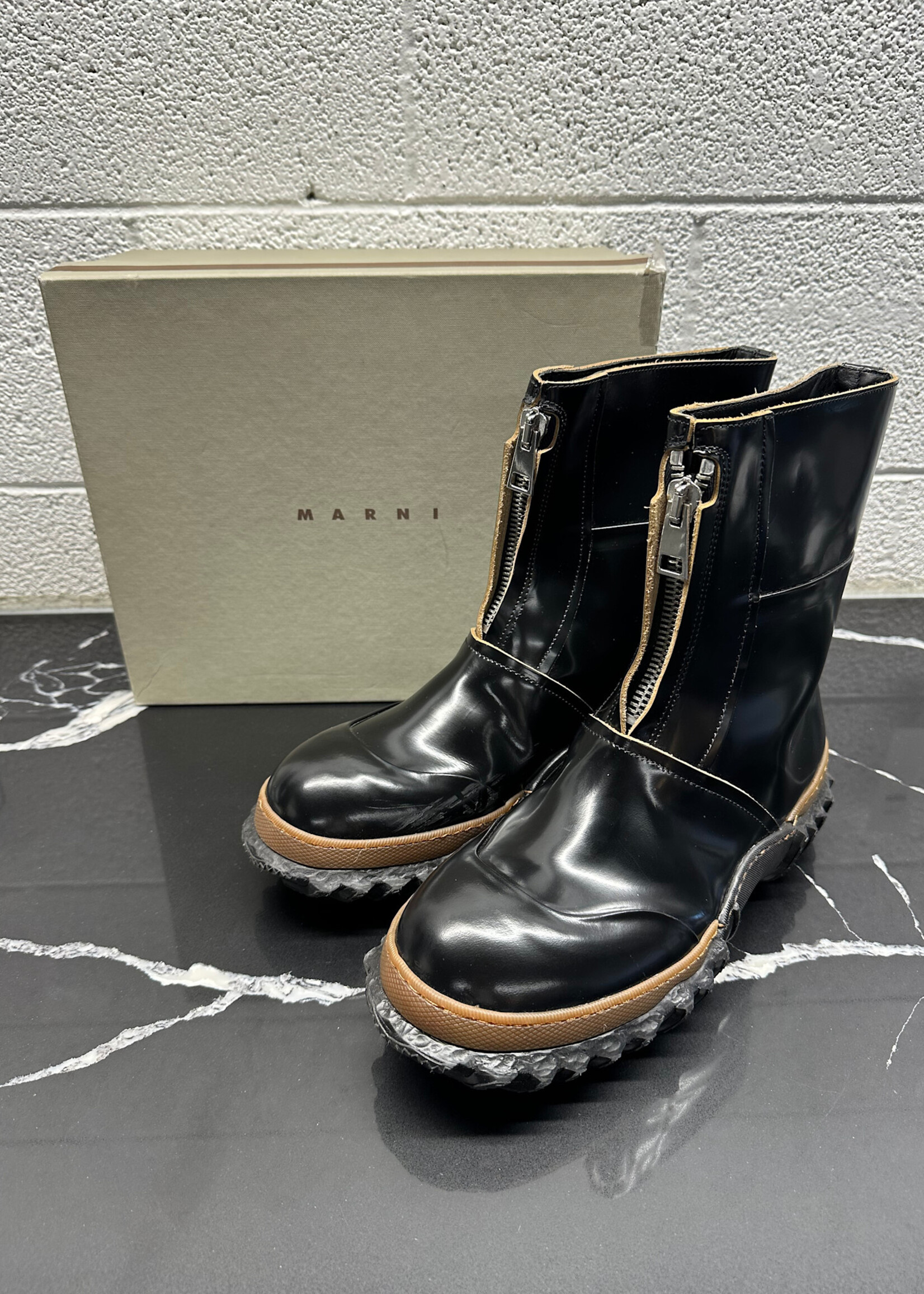 Marni Black Patent Ankle Leather Rain Boots 10