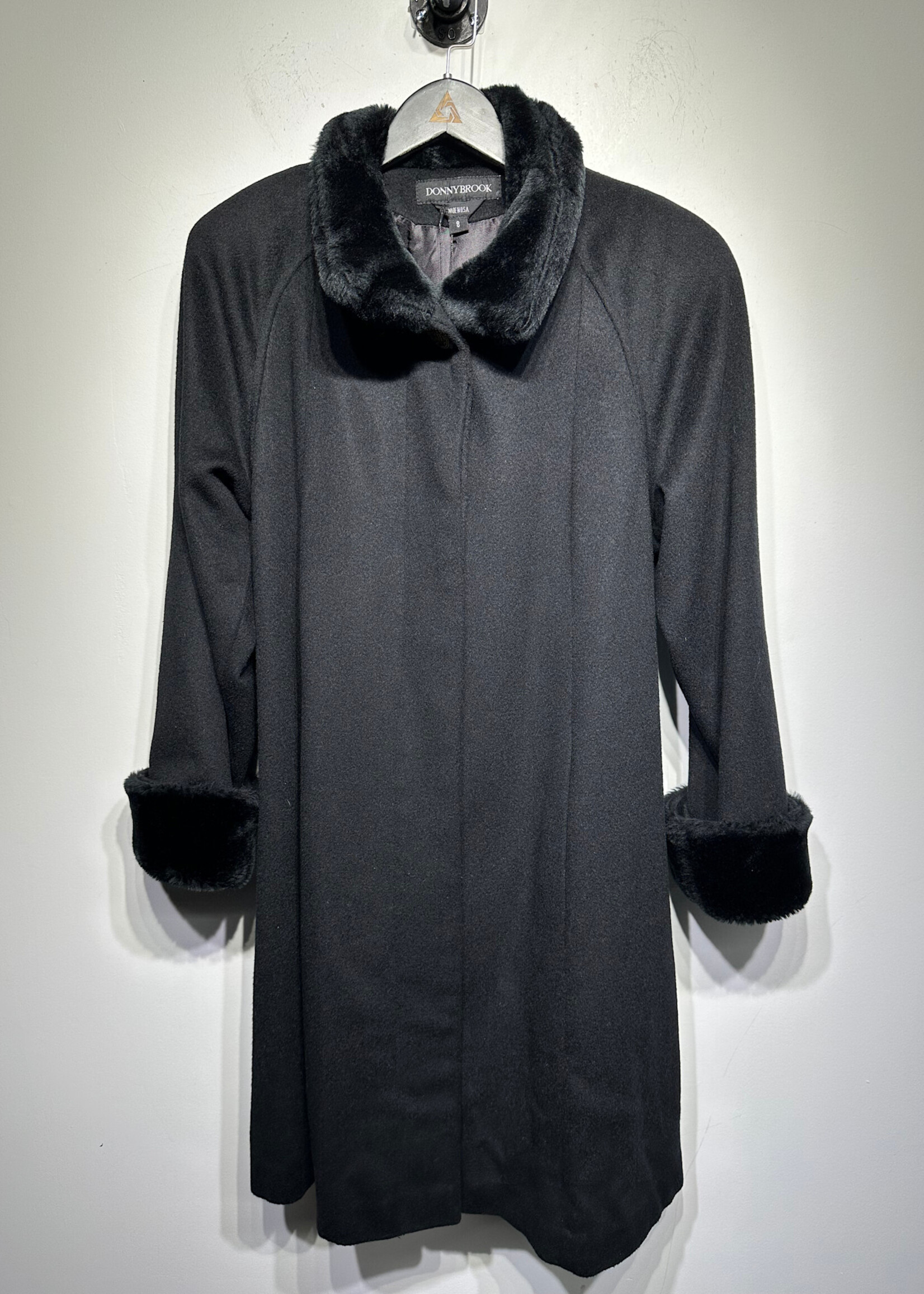 Donny Brook Black Fur Trim Trench Wool Coat M
