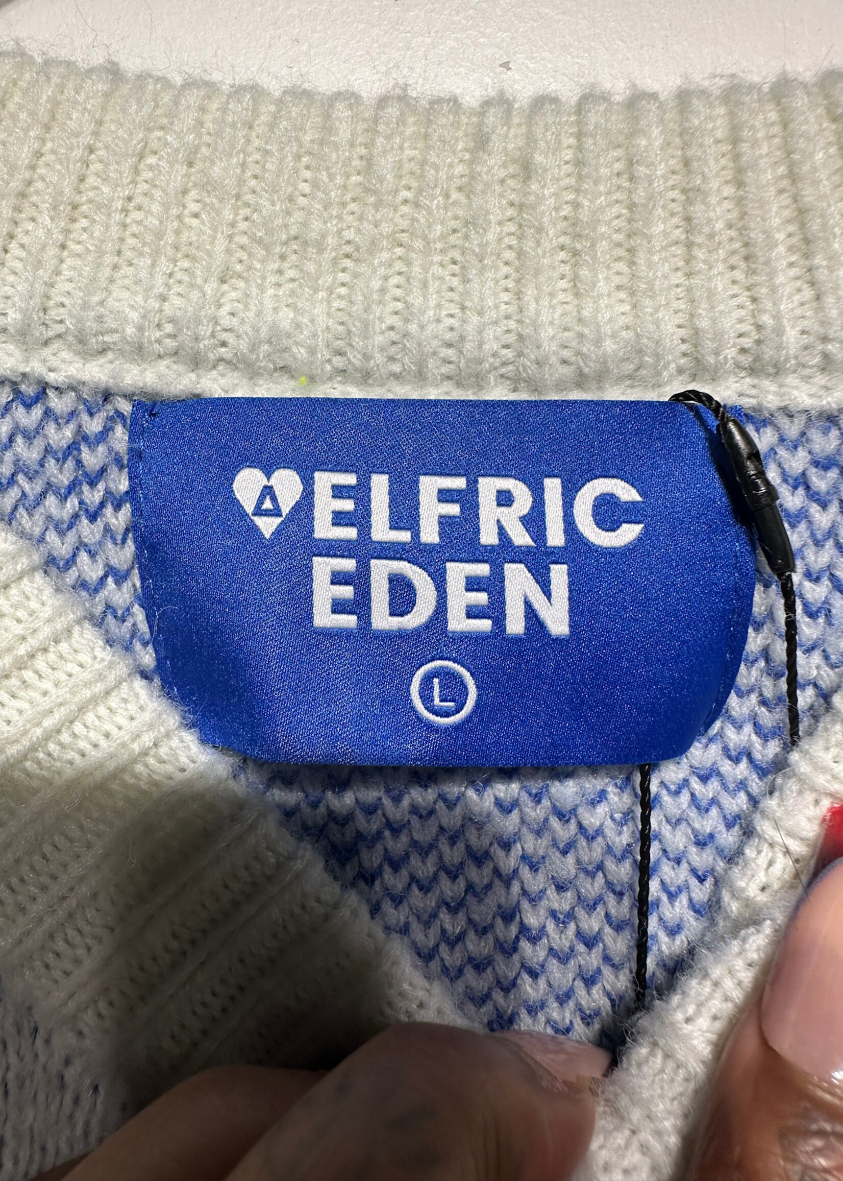 Aelfric Eden White Blue Distressed Patch Sweater Fem L