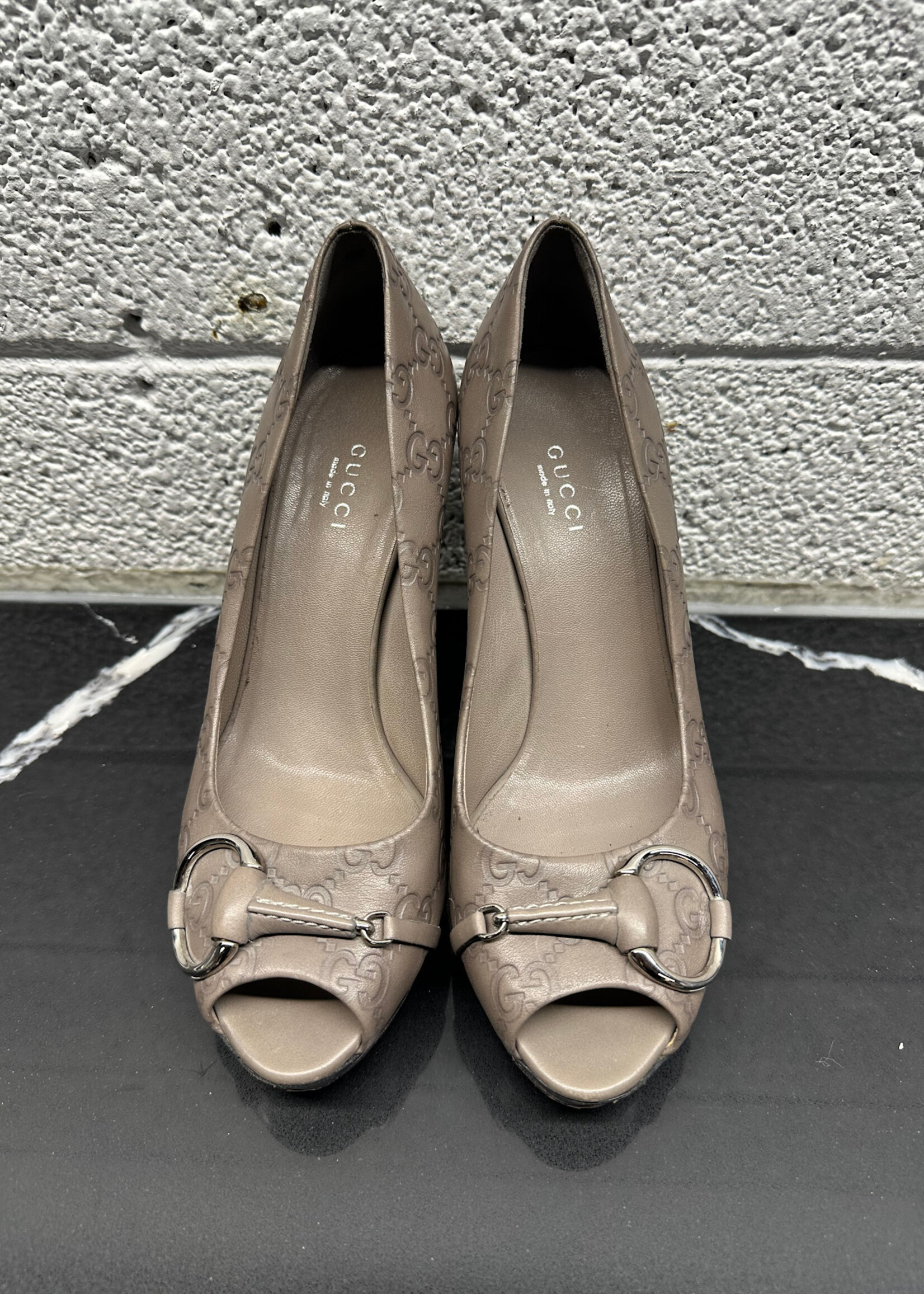 Gucci Grey Monogram Horsebit Heels 36/6
