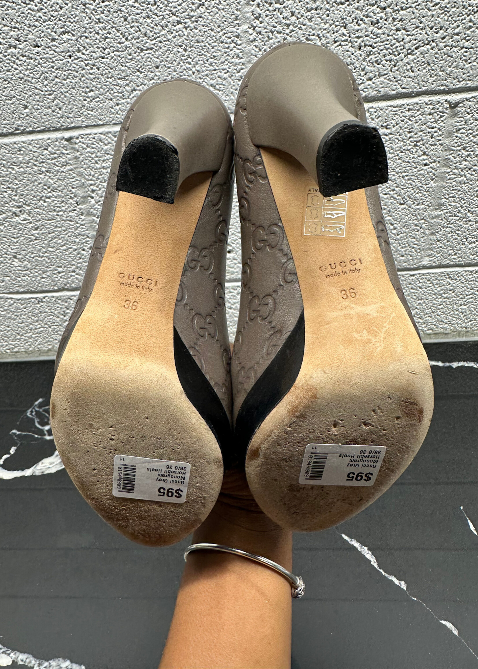 Gucci Grey Monogram Horsebit Heels 36/6